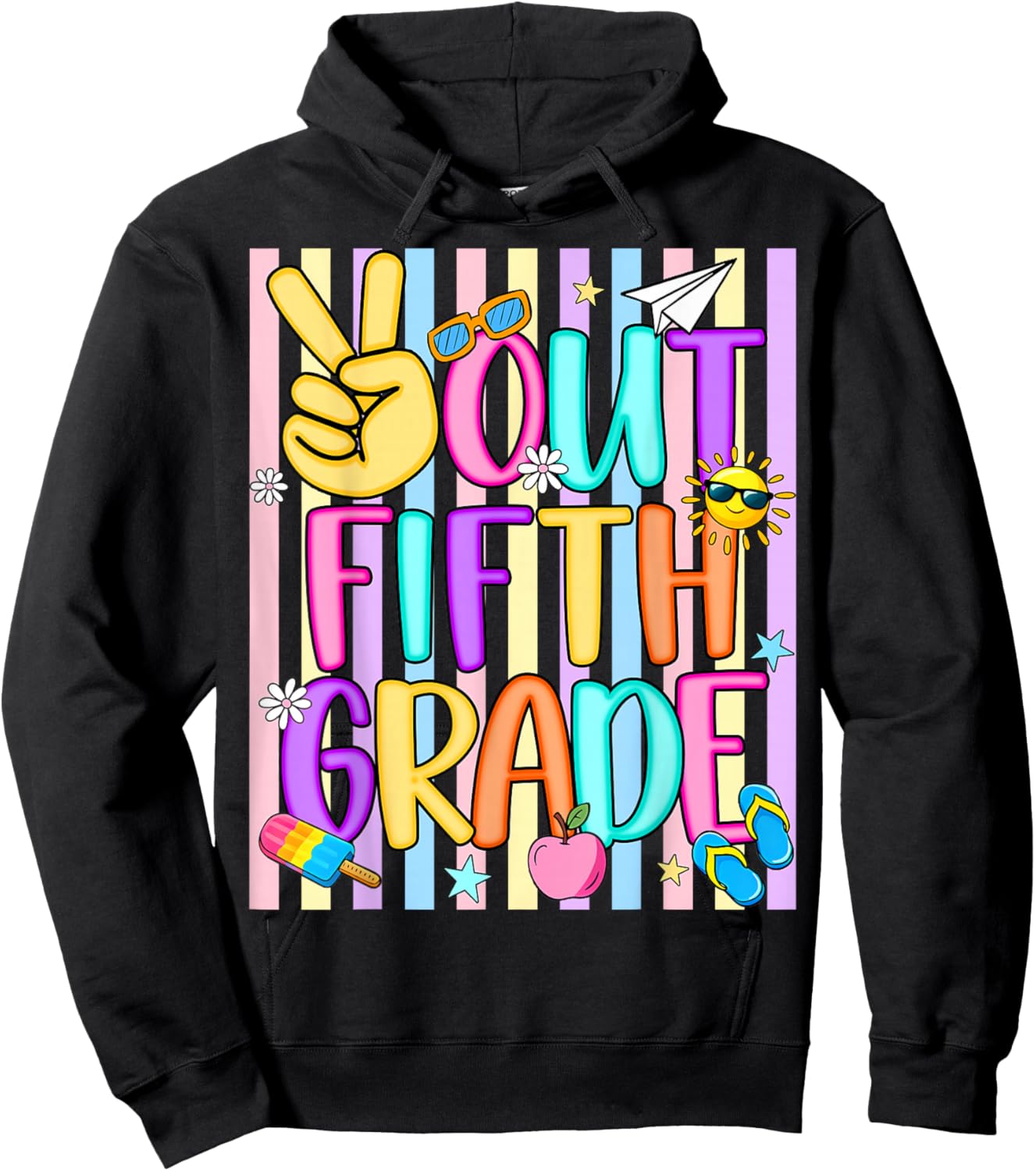 Peace Out 5th Grade Kids Boy Girl Striped Last Day of School Hoodie - Hoodie | Black