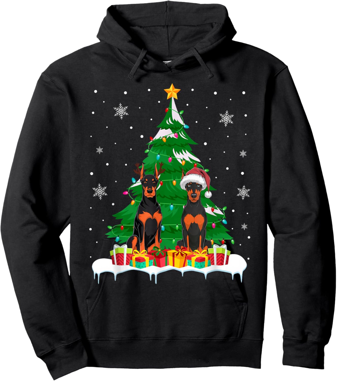 Doberman Pinscher Dog Christmas Tree Light Santa Reindeer PJ Hoodie - Hoodie | Black