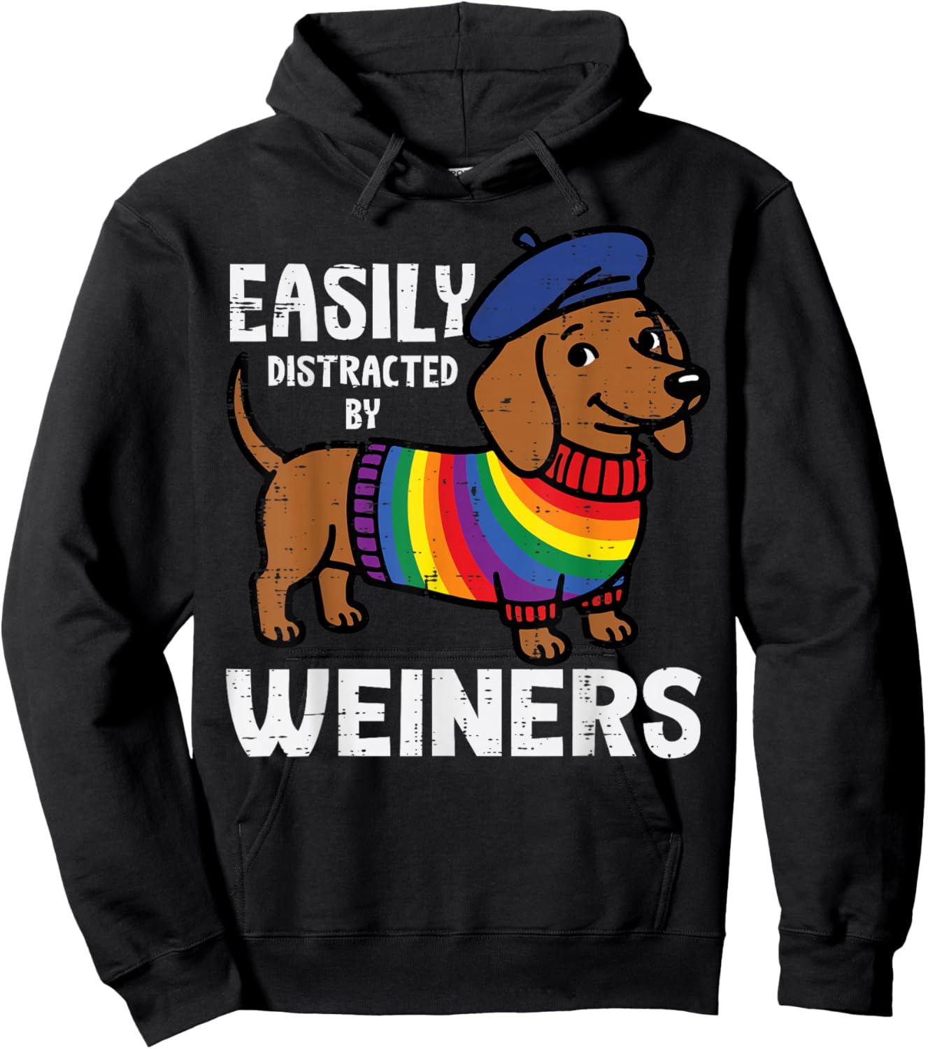 Easily Distracted By Weiners Dog Gay Rainbow Pride LGBTQ Men Hoodie - Hoodie | Black