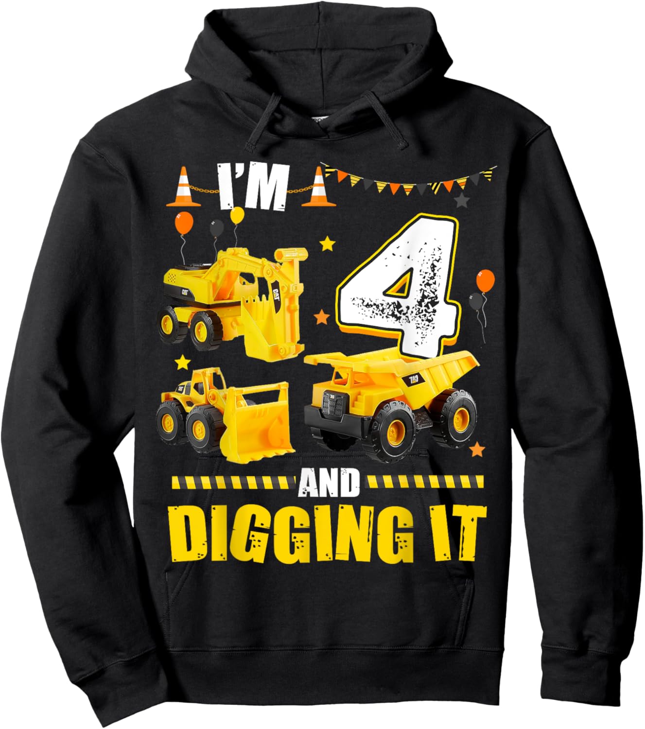 I'm 4 Years Old And Digging It 4th Birthday Construction Hoodie - Hoodie | Black