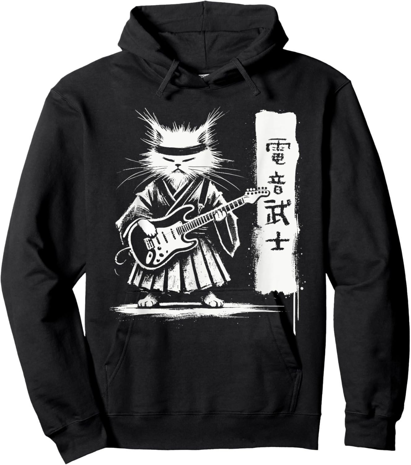 Samurai Japanese Kawaii Rock Music Men Kids Women Cat Guitar Hoodie - Hoodie | Black