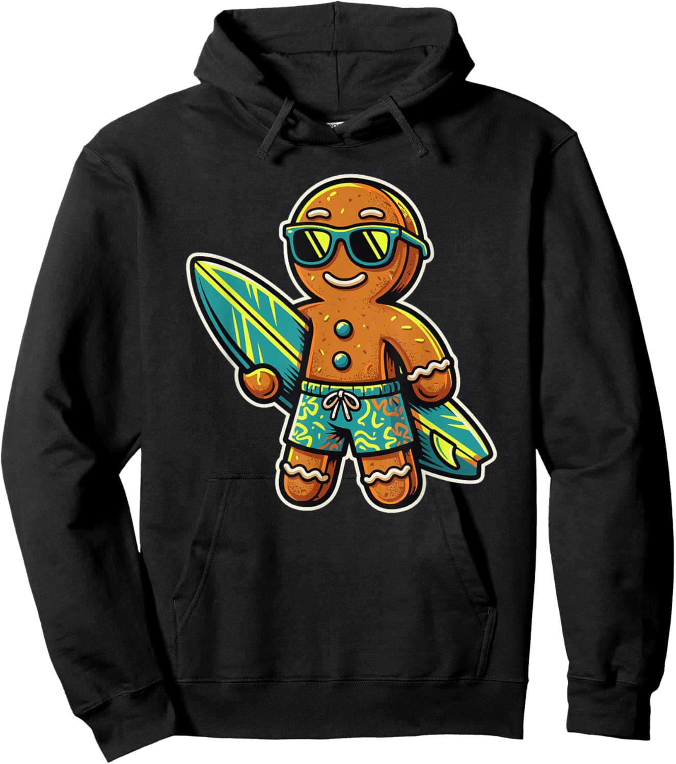 Gingerbread Surfeur, Noël au Soleil, Tropiques, Humour Hoodie - Hoodie | Black