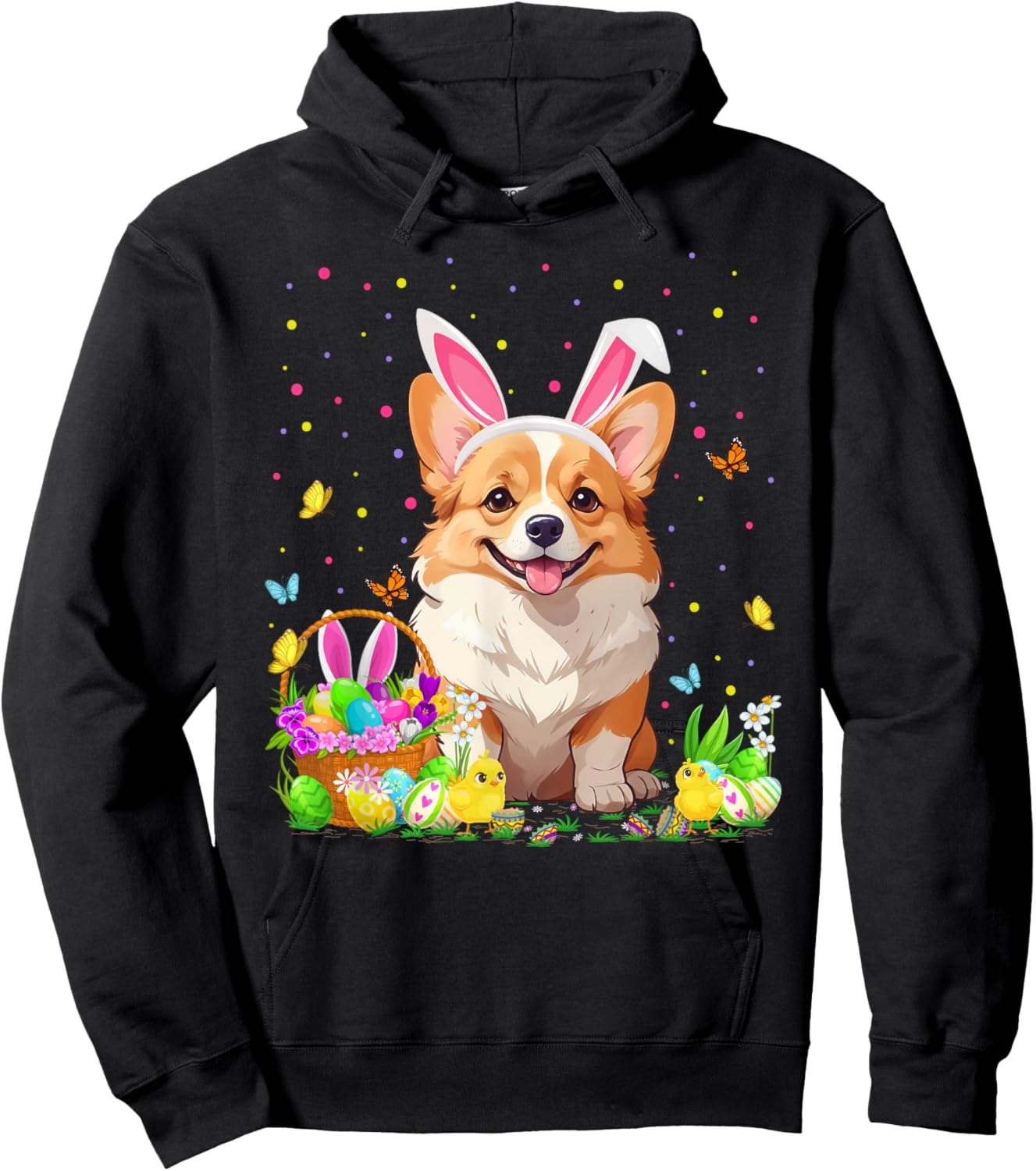 Corgi Dog Easter Egg Hunt Bunny Ear Corgi Easter Hoodie - Hoodie | Black