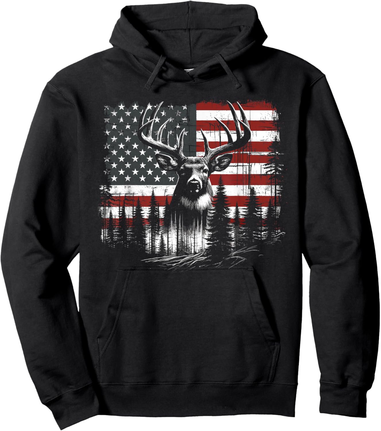 Deer Hunting American Flag Whitetail Buck Antlers Hoodie - Hoodie | Black