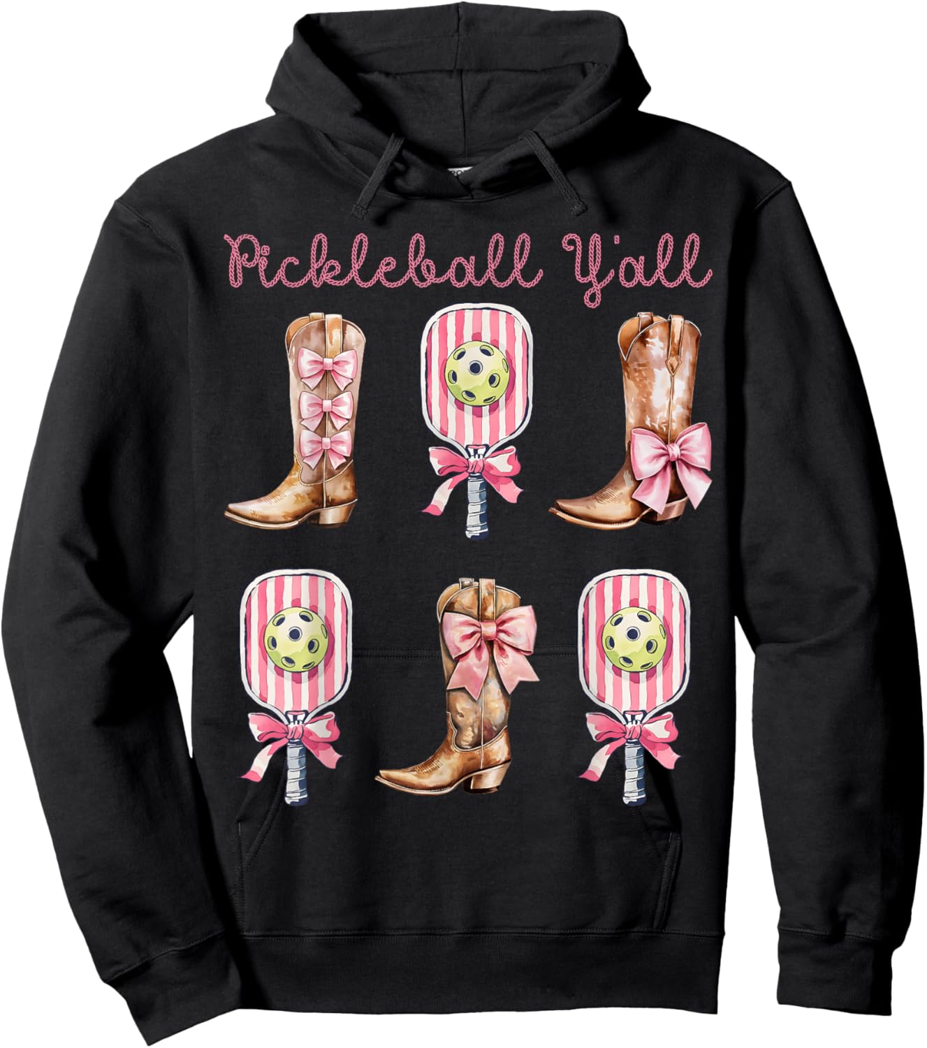 Pickleball Y'all Western Boots and Paddle Funny Pickleball Hoodie - Hoodie | Black