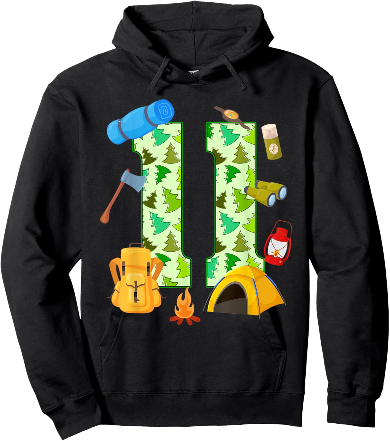 11th Birthday Camping Theme 11 Year Old Birthday Kids Hoodie - Hoodie | Black