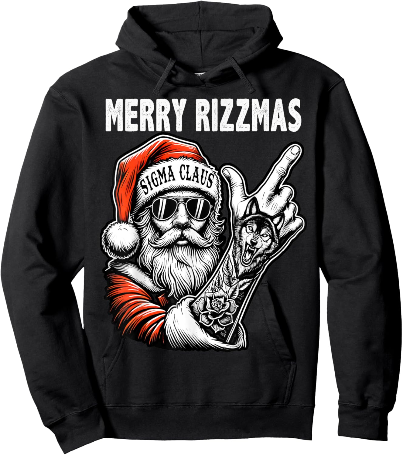 Merry Rizzmas, Funny Santa Wolf Tattoo Christmas Sigma Claus Hoodie - Hoodie | Black