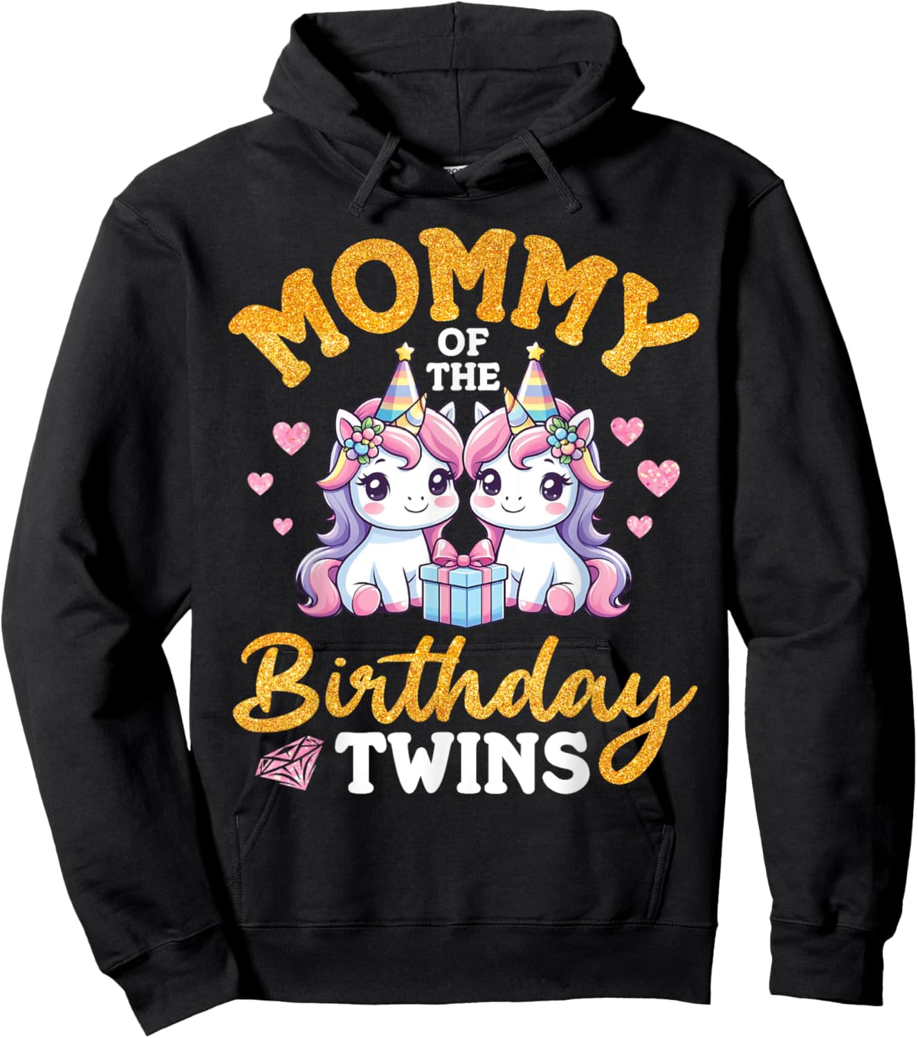 Happy Mommy Of The Birthday Twins Unicorns Two Daughters Mom Hoodie - Hoodie | Black