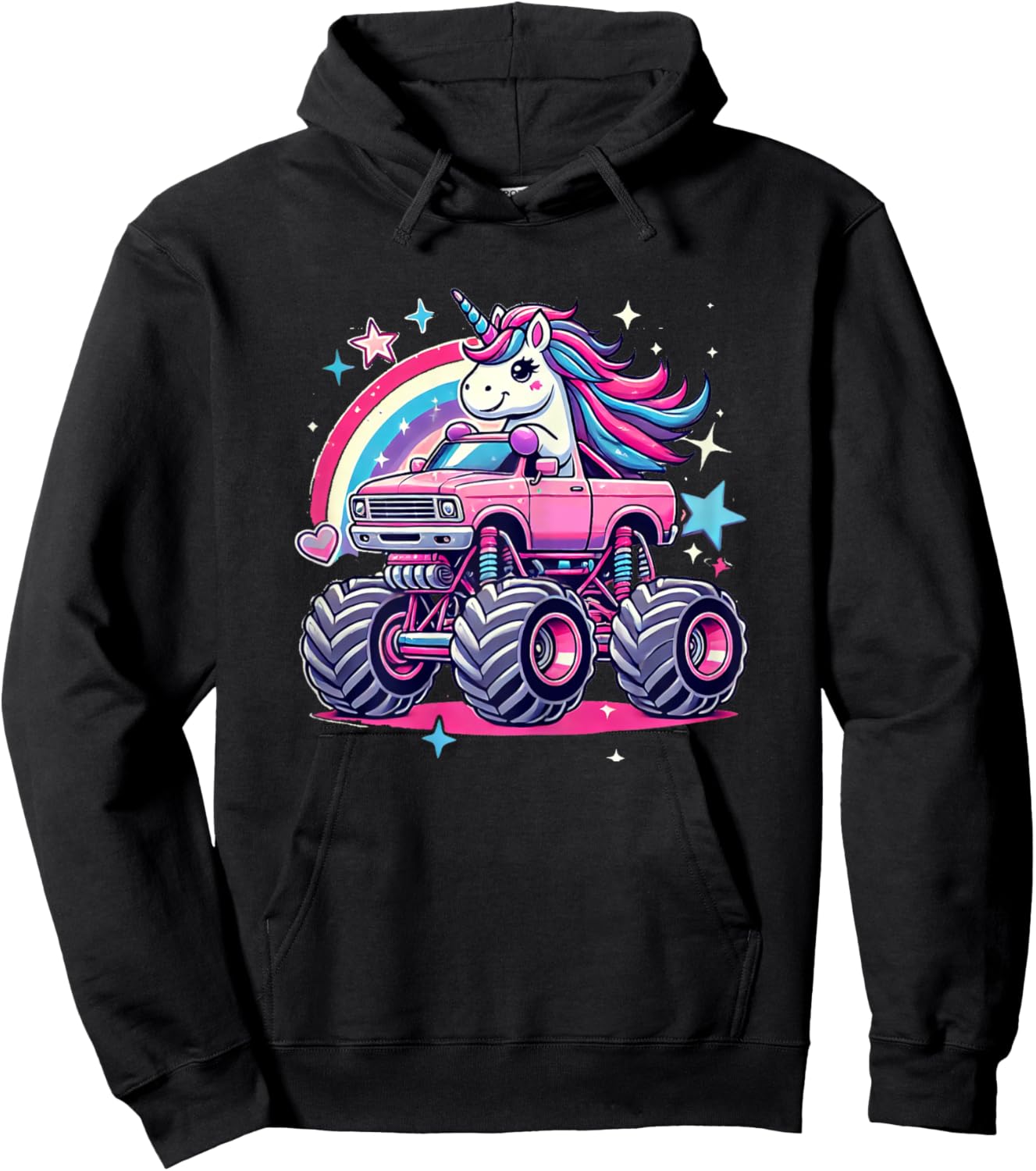 Funny Cute Unicorn Riding A Pink Monster Truck Girls women Hoodie - Hoodie | Black