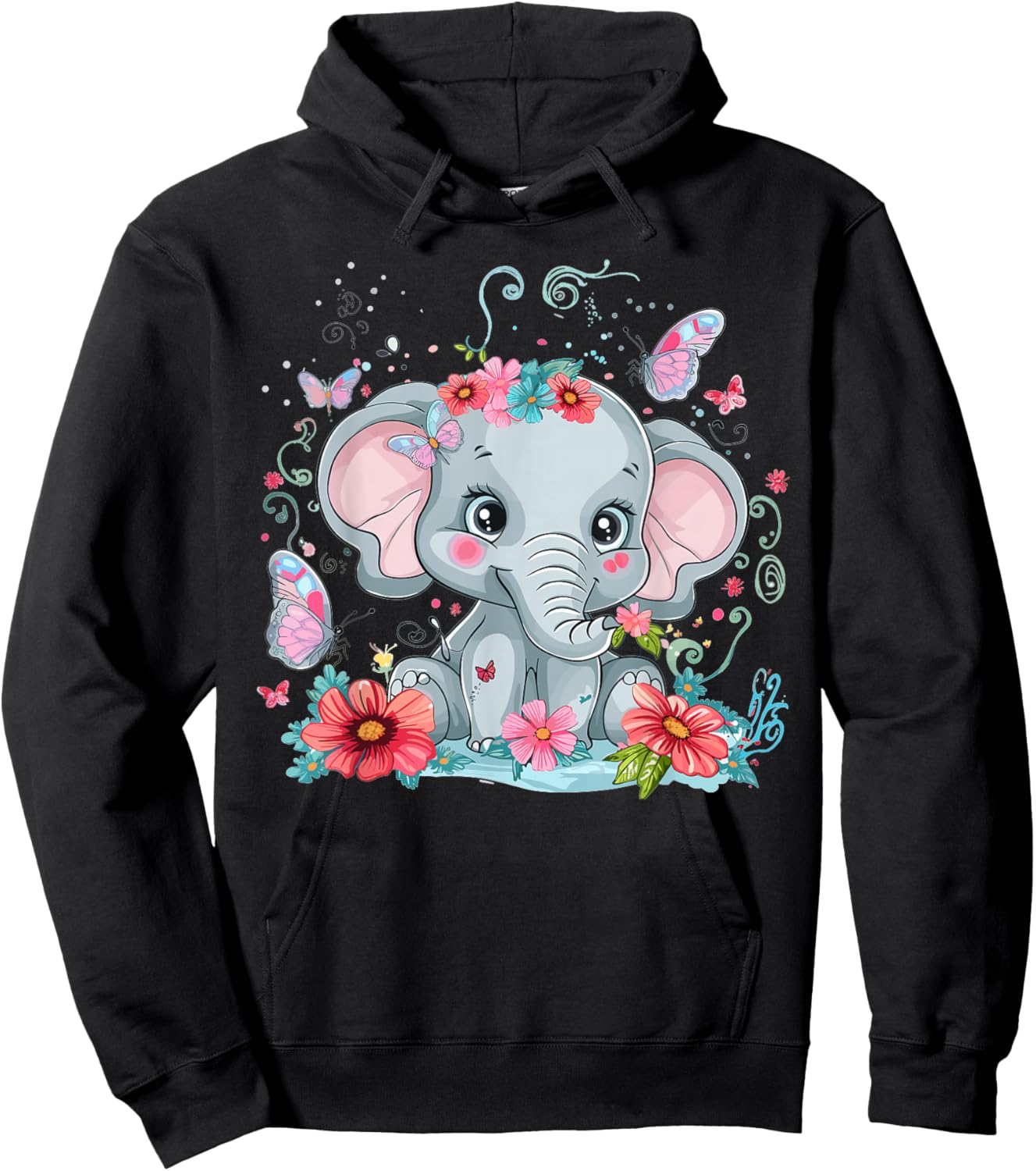 Cute Elephant with Flowers I Kids Elephant Hoodie - Hoodie | Black