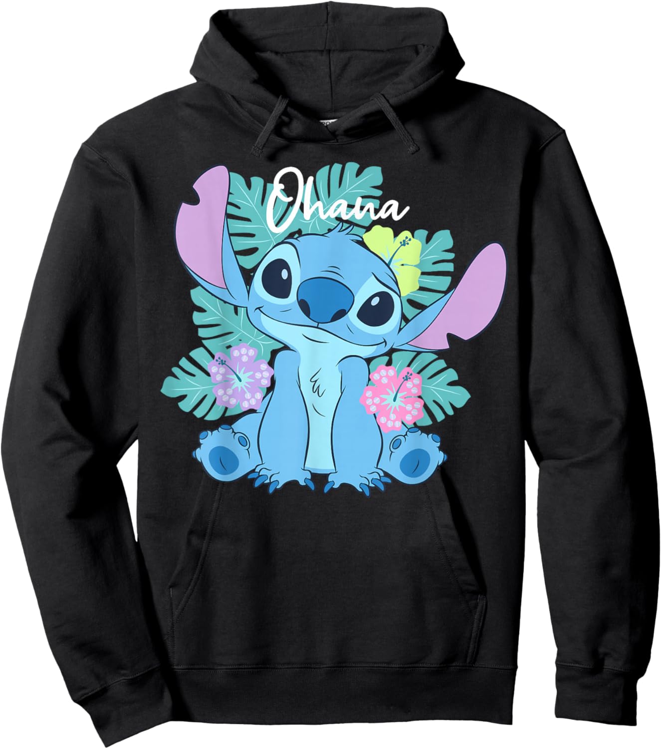 Disney Lilo & Stitch Ohana Adorable Pose Floral Logo Hoodie - Hoodie | Black