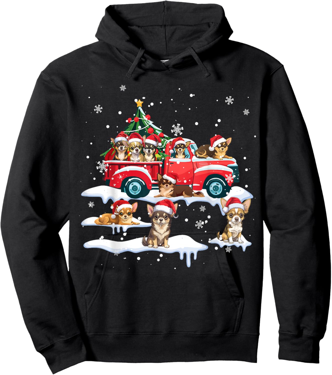 Chihuahua Dog Riding Red Truck Ugly Sweater Merry Christmas Hoodie - Hoodie | Black