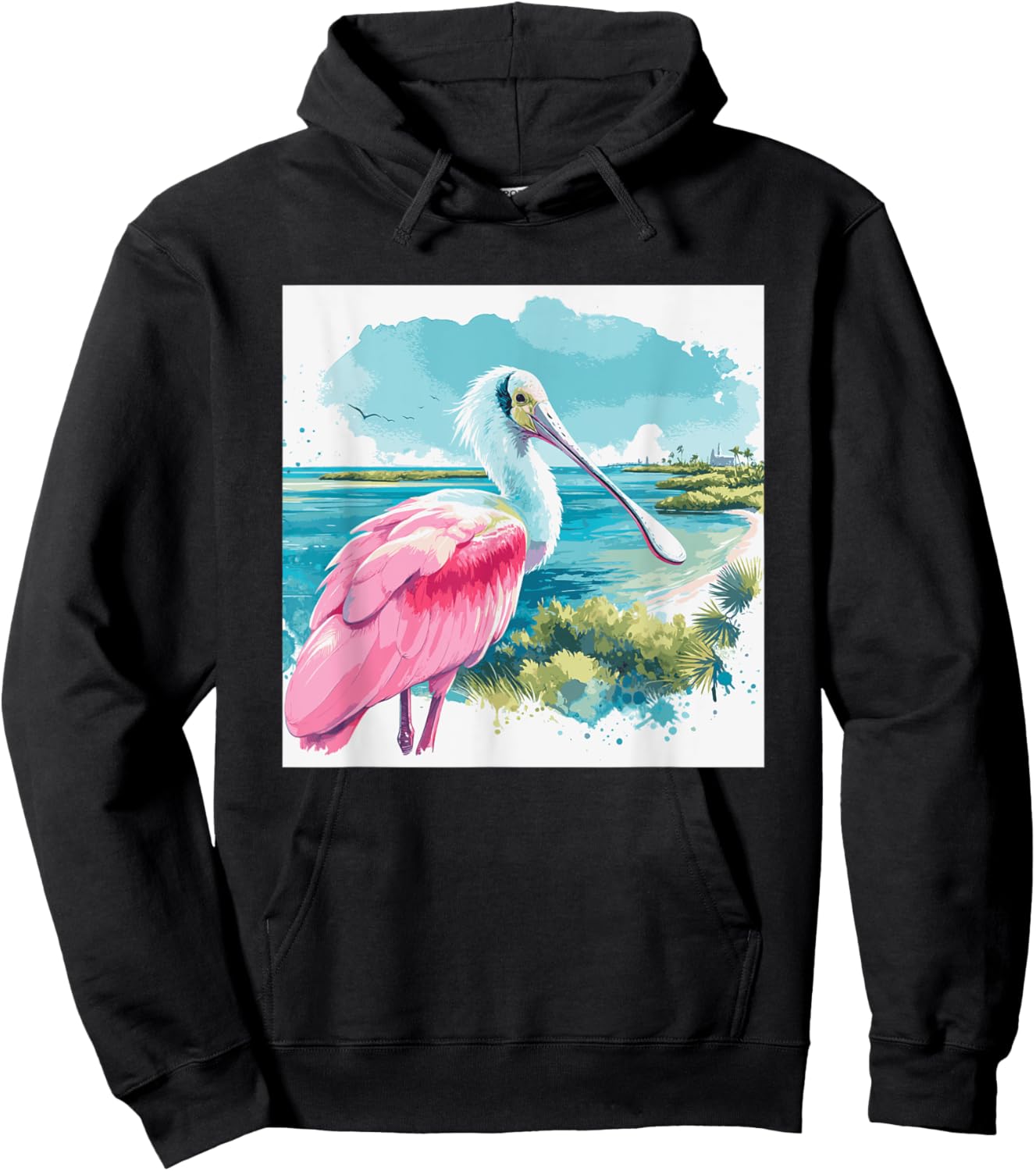 Roseate Spoonbill watercolor art in tropical setting Hoodie - Hoodie | Black