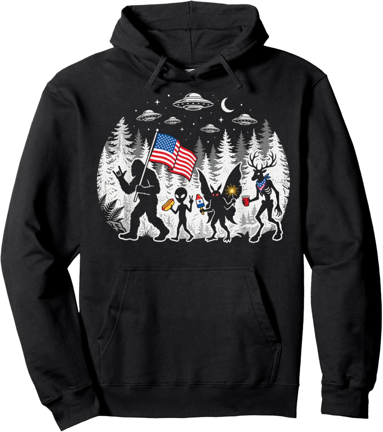 Funny Bigfoot Alien Patriotic 4th of July UFO Forest Hoodie - Hoodie | Black