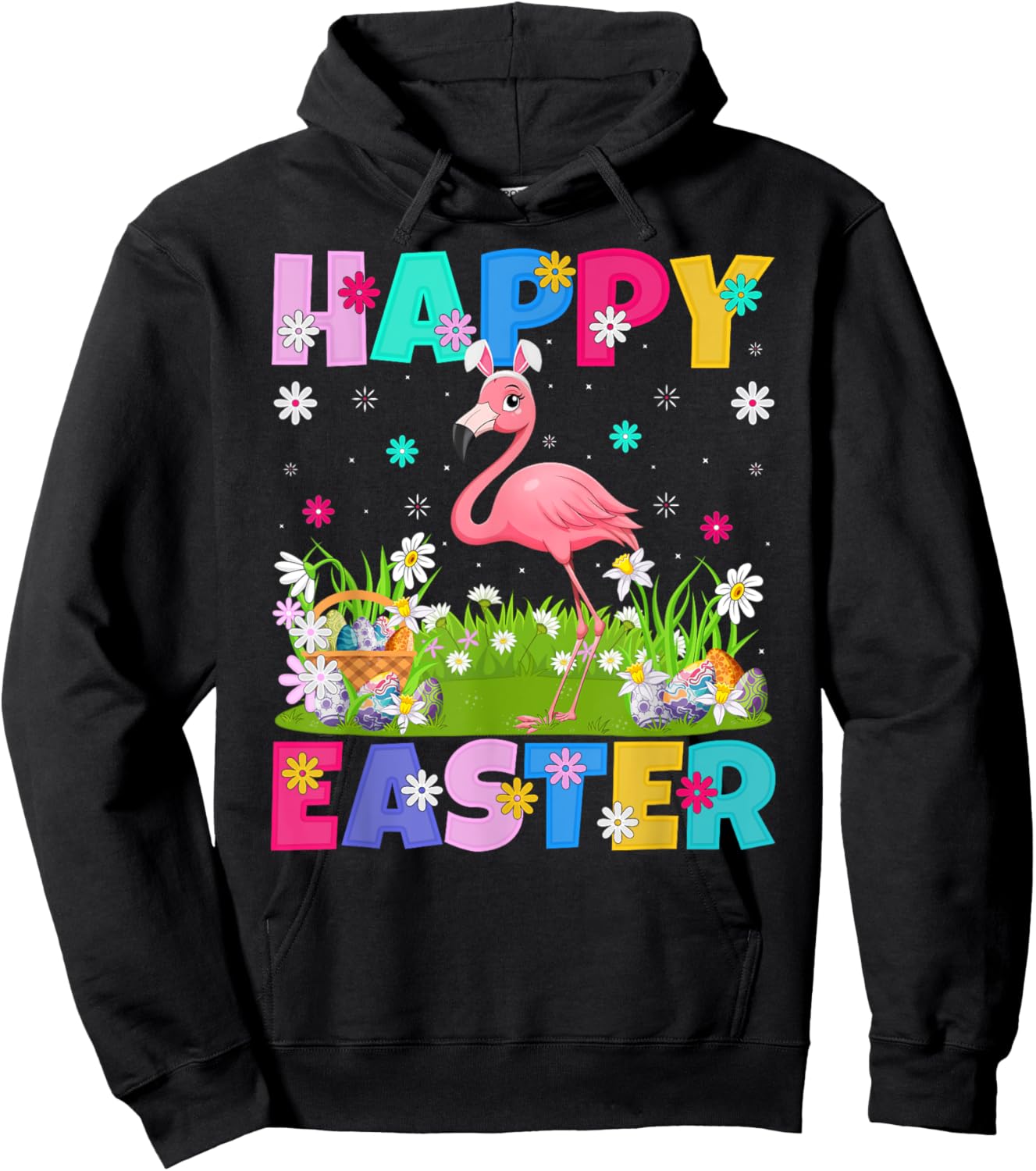Flamingo Happy Easter Egg Hunt Bunny Ear Flamingo Easter Hoodie - Hoodie | Black