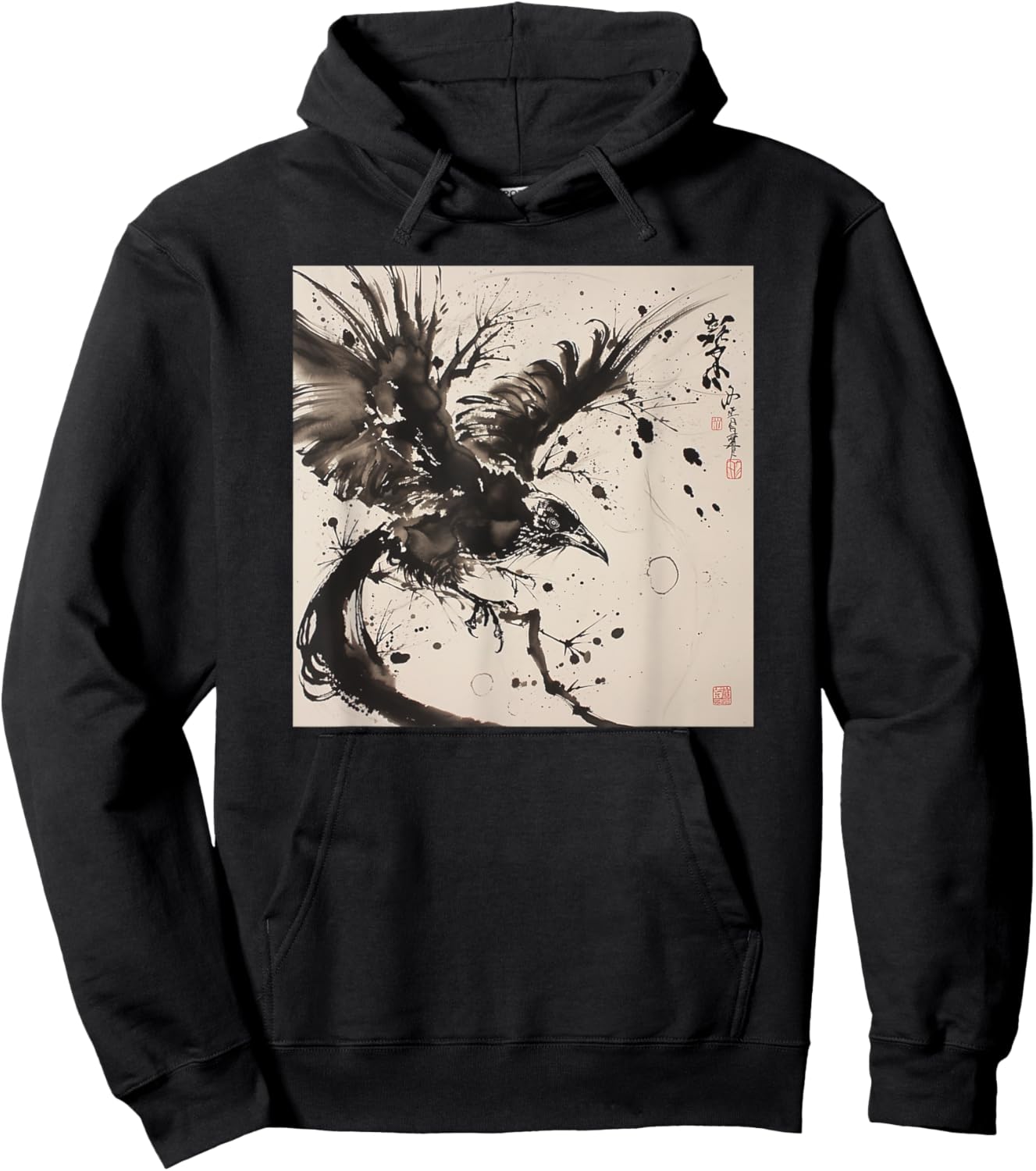 Japanese Ink Art Crow- Raven Ink Art Graphic Hoodie - Hoodie | Black