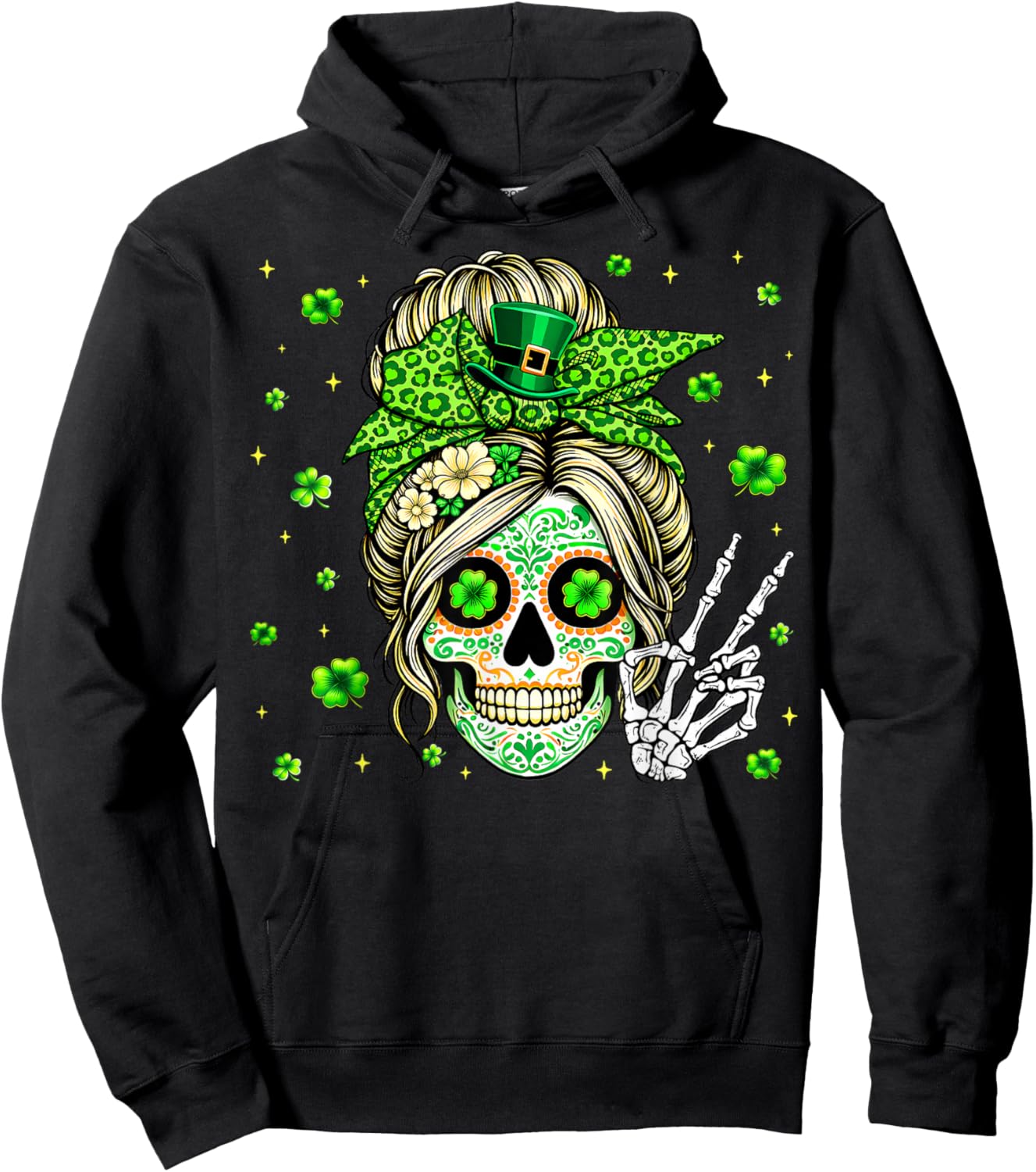Sugar Skull Messy Bun Leopard Shamrock St Patricks Women Hoodie - Hoodie | Black