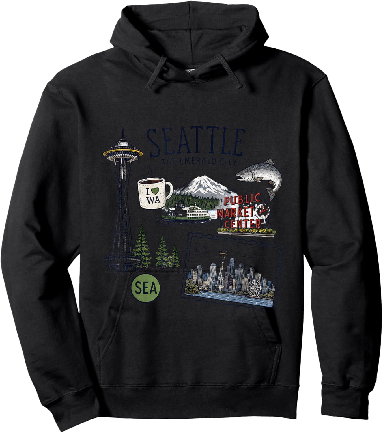 Seattle Washington City Skyline Space Needle Public Market Hoodie - Hoodie | Black
