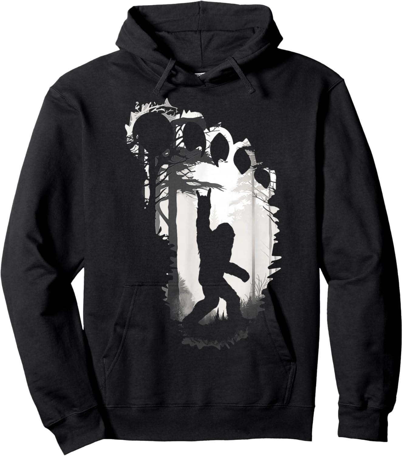 Bigfoot Rock On in The Forest Funny Sasquatch Footprint Meme Hoodie - Hoodie | Black