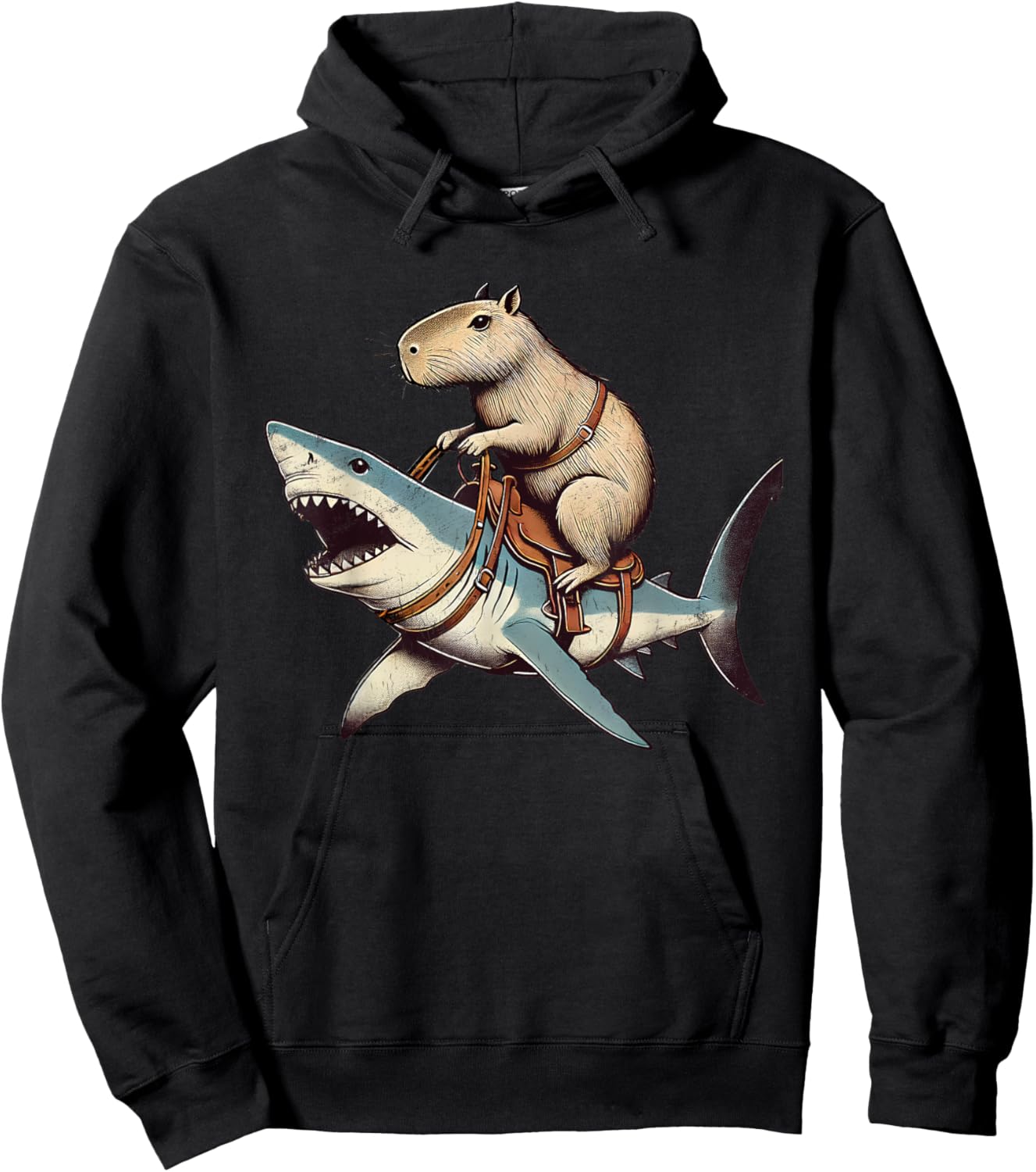 Vintage Rodent Capybara Funny Retro Capyabara Riding Shark Hoodie - Hoodie | Black