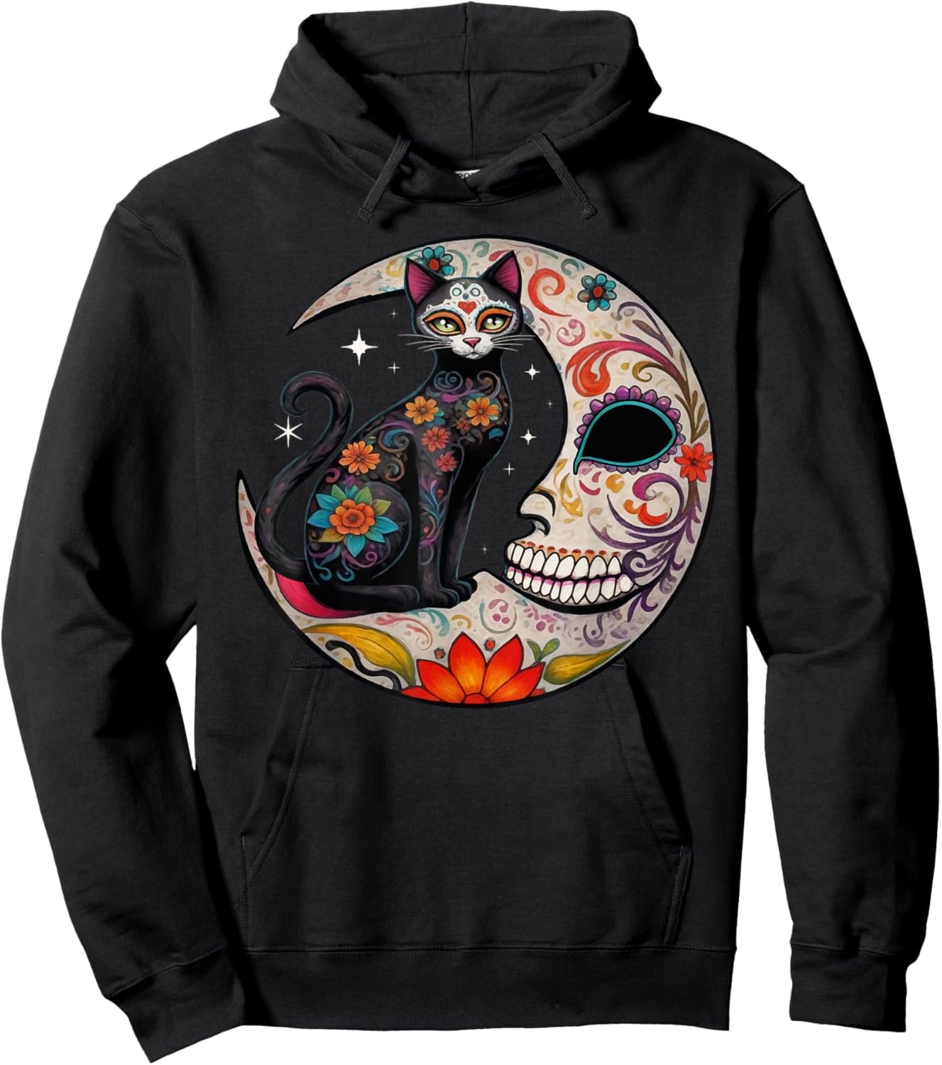 Sugar Skull Cat Moon De Los Muertos Day of Dead Halloween Women Hoodie - Hoodie | Black