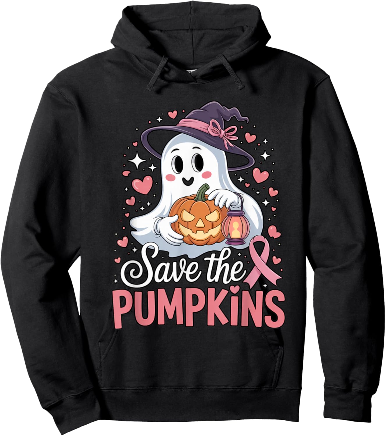 Save The Pumpkins Pink Ribbon Halloween Ghost Breast Cancer Hoodie - Hoodie | Black