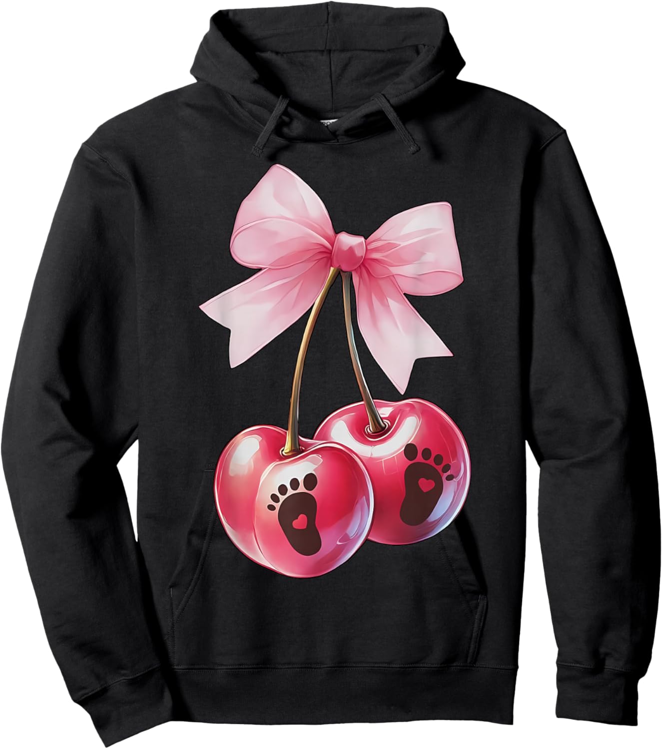 Coquette Cherry Bow With Baby Foot Pregnancy Reveal New Mom Hoodie - Hoodie | Black