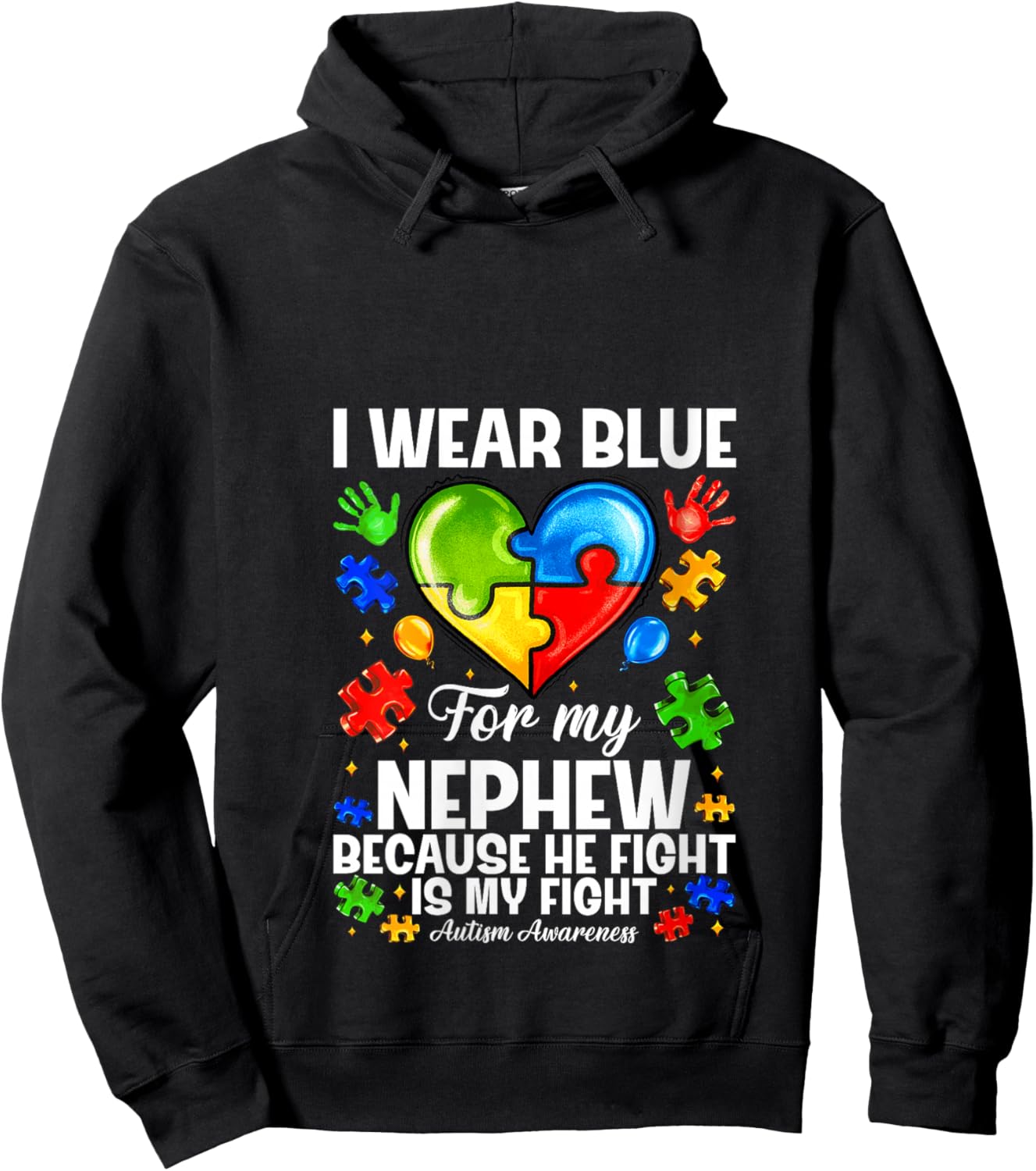 Women's I Wear Blue for My Nephew Autism Awareness Support Puzzle V-Neck Hoodie - Hoodie | Black
