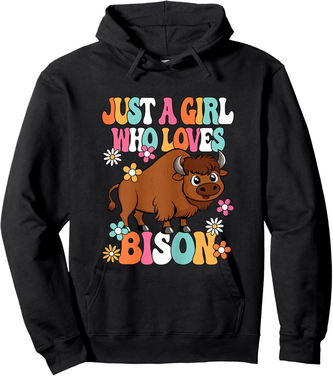 Just A Girl Who Loves Bison Cute Groovy Buffalo Girls Kids Hoodie - Hoodie | Black
