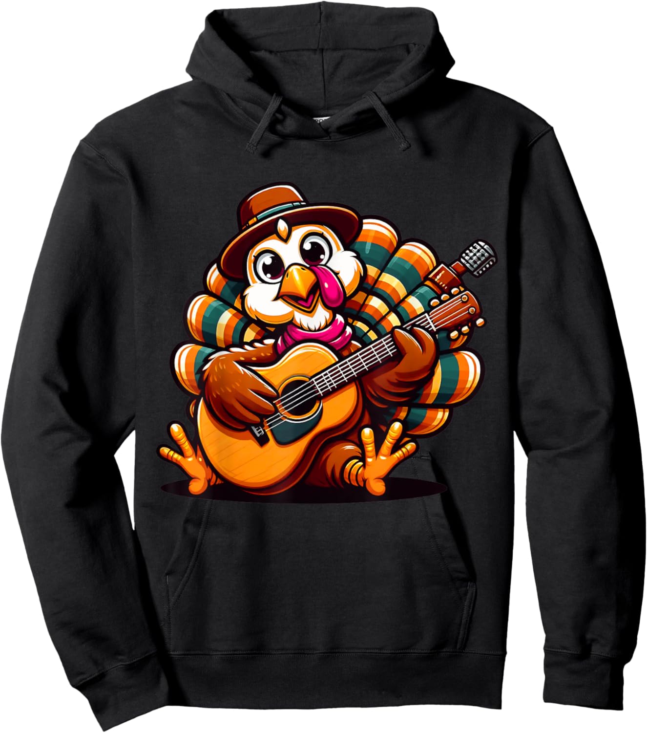 Thanksgiving for Family - Charming Turkey Playing Guitar Hoodie - Hoodie | Black