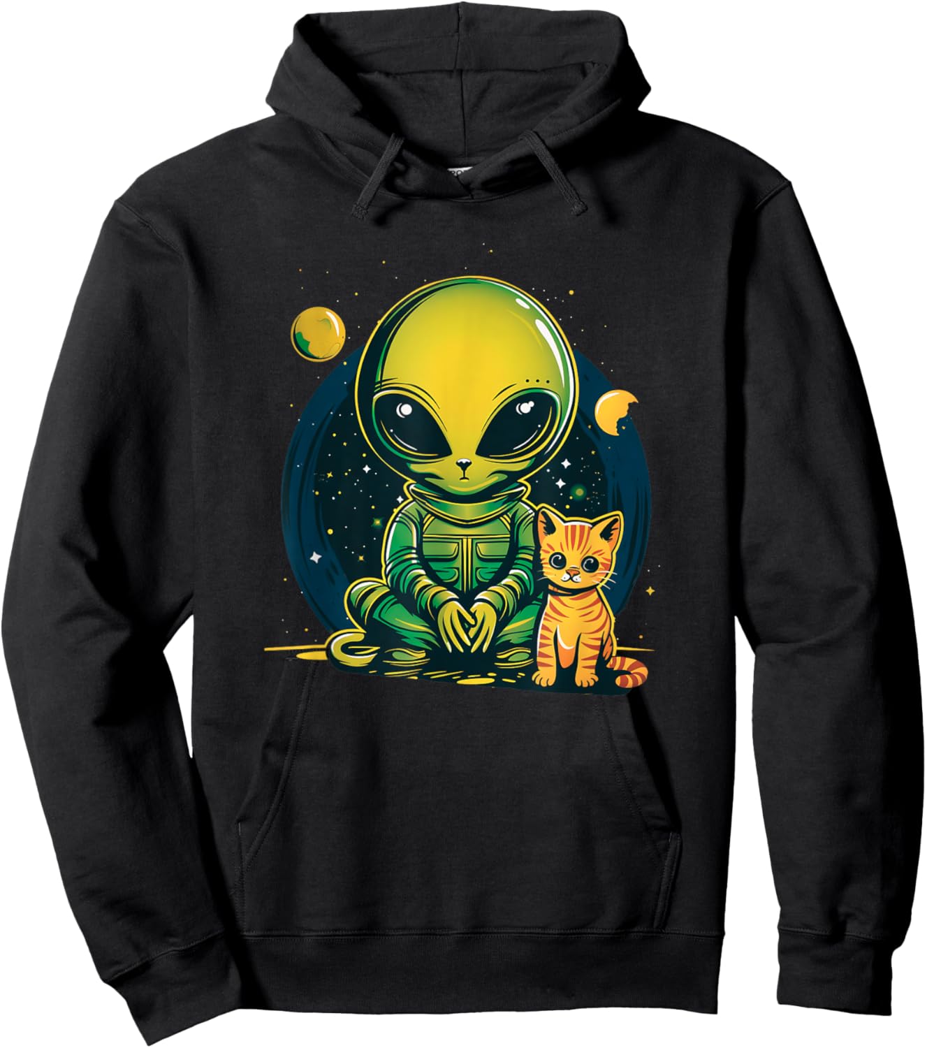 Alien And Cat Funny Cat Selfie With Alien Vintage Ufo Funny Hoodie - Hoodie | Black