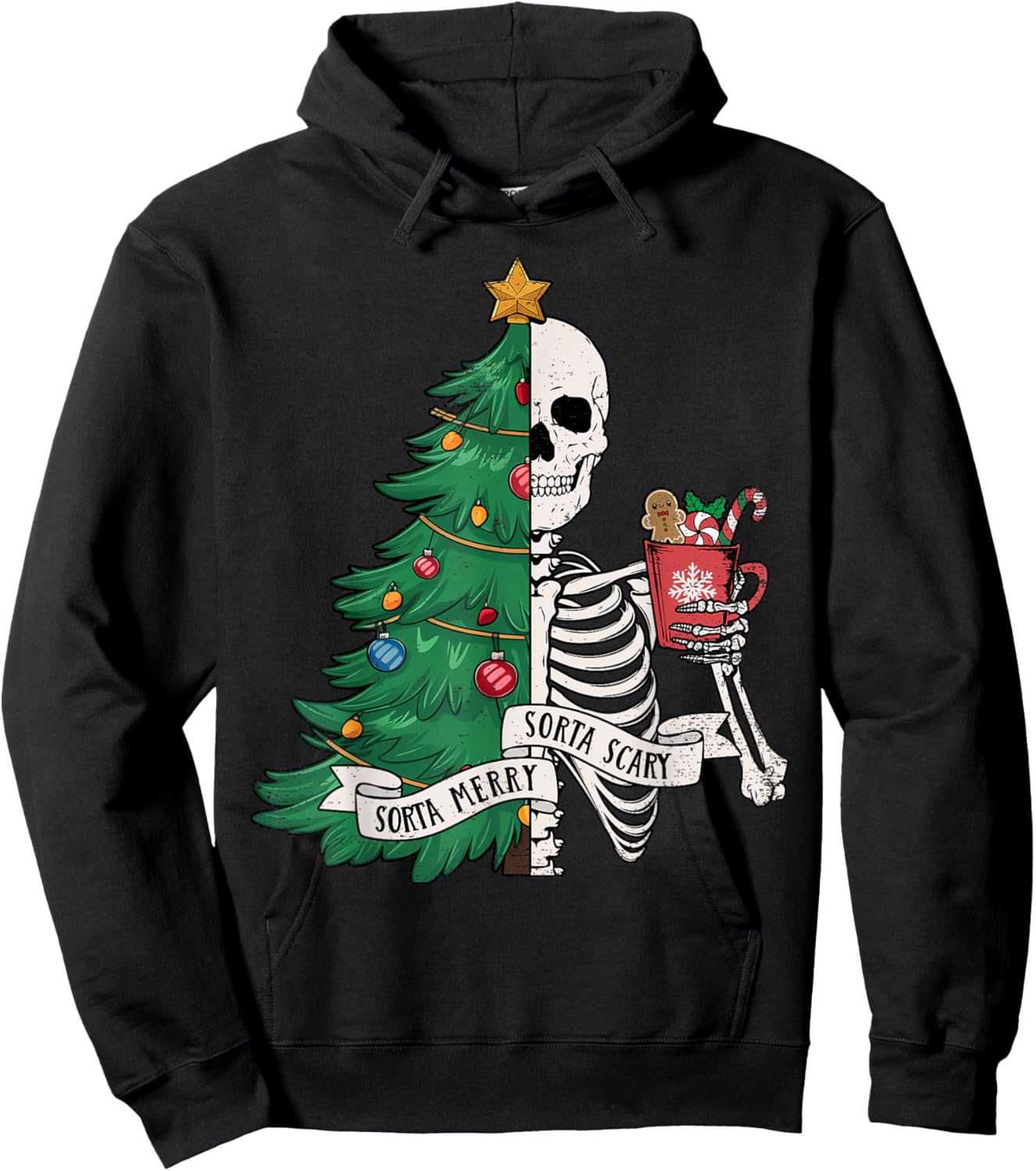 Funny Christmas Sorta Merry Sorta Scary Skeleton Xmas Tree Hoodie - Hoodie | Black