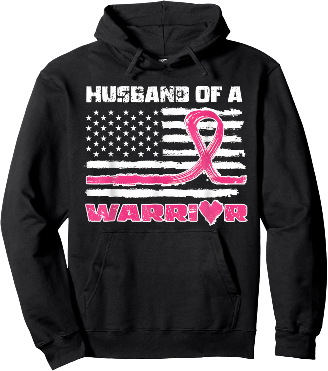 Pink Ribbon American Flag Husband Of A Warrior Breast Cancer Hoodie - Hoodie | Black
