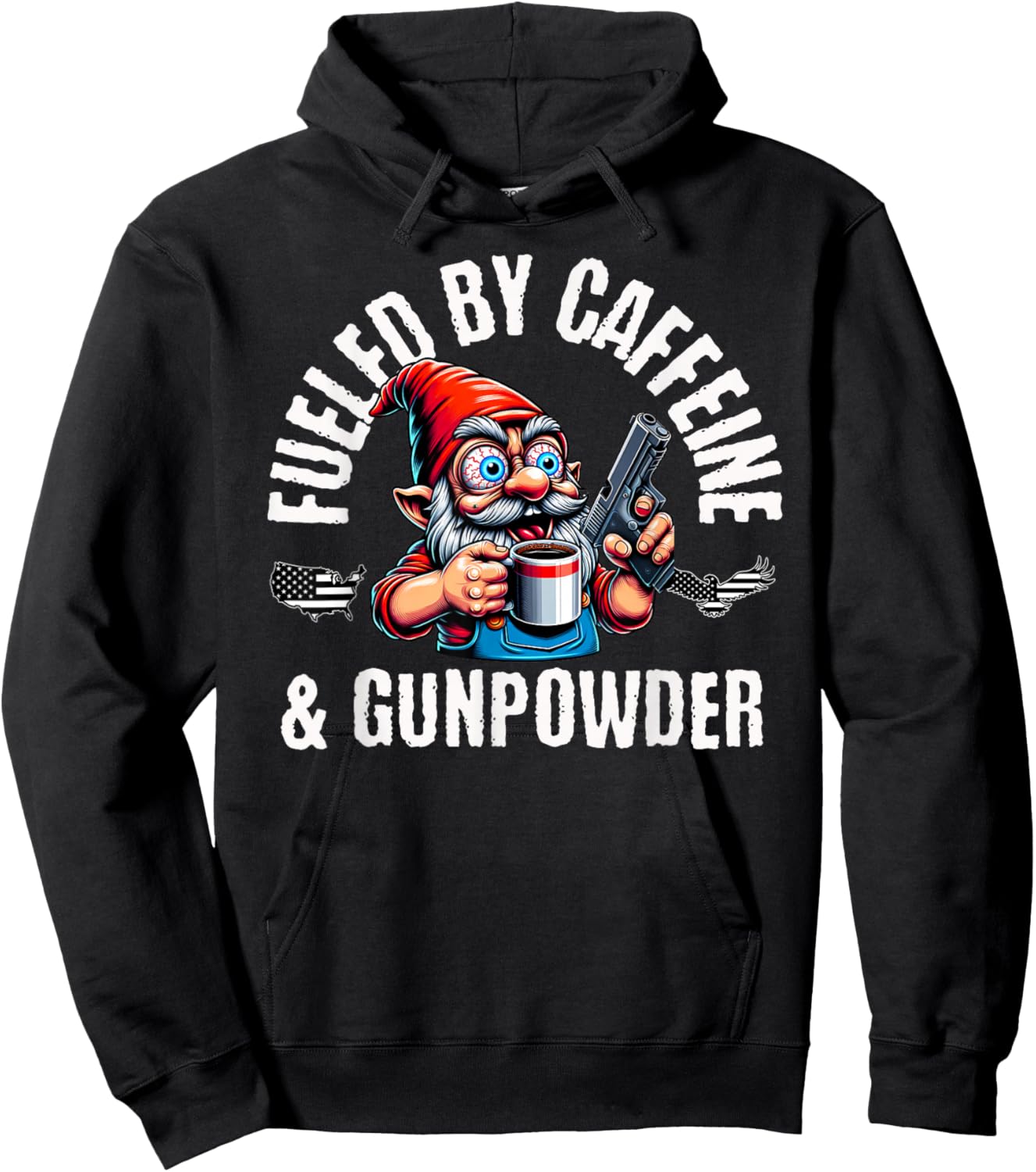 Fueled By Caffeine & Gunpowder, Garden Gnome with Gun Hoodie - Hoodie | Black