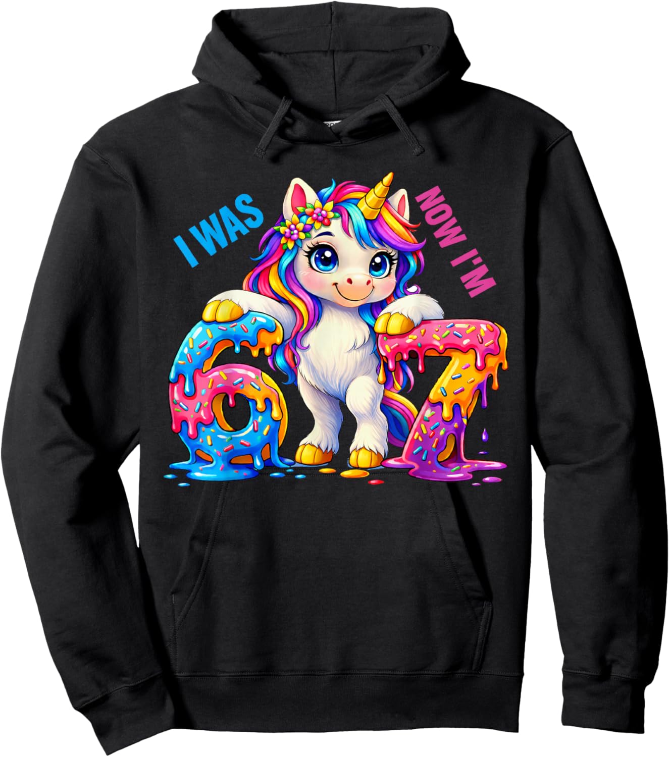 I was 6 Now I'm 7 drip Funny Unicorn 7th Birthday Girl Kids Hoodie - Hoodie | Black