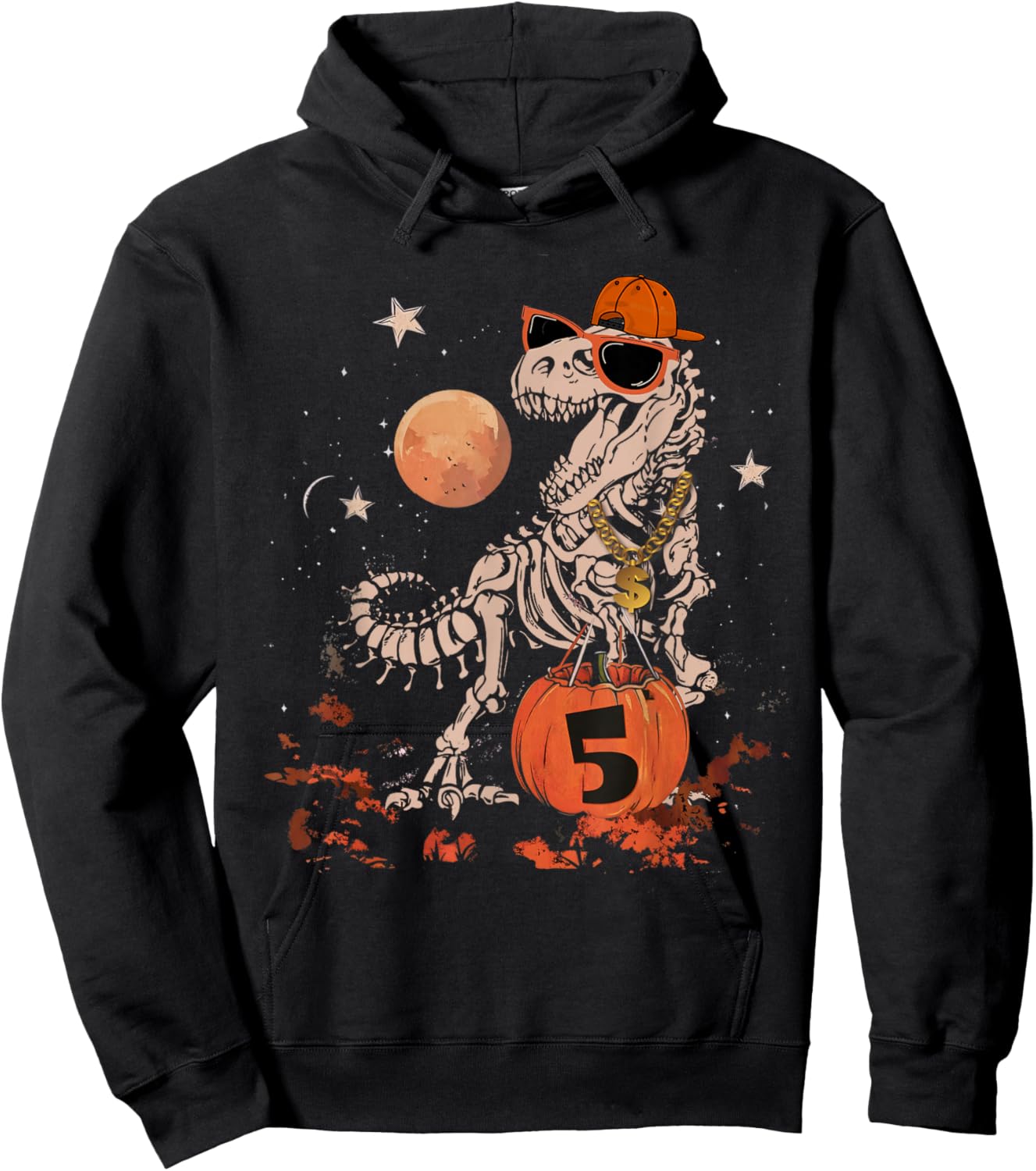 Birthday Halloween 5th Dinosaur Skeleton T-REX Scary Boy Kid Hoodie - Hoodie | Black