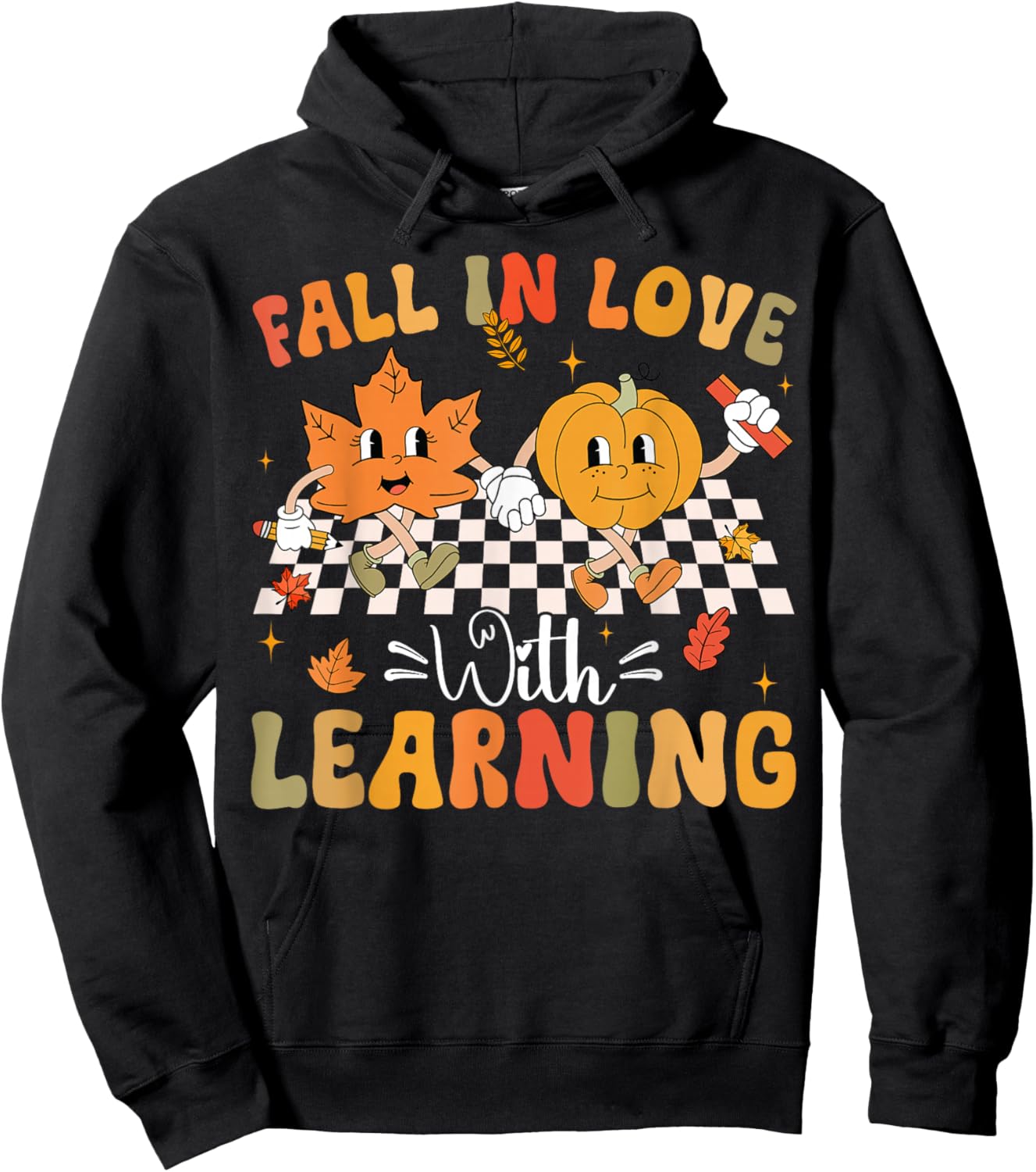 Retro Fall In Love With Learning Autumn Pumpkin Teacher Hoodie - Hoodie | Black