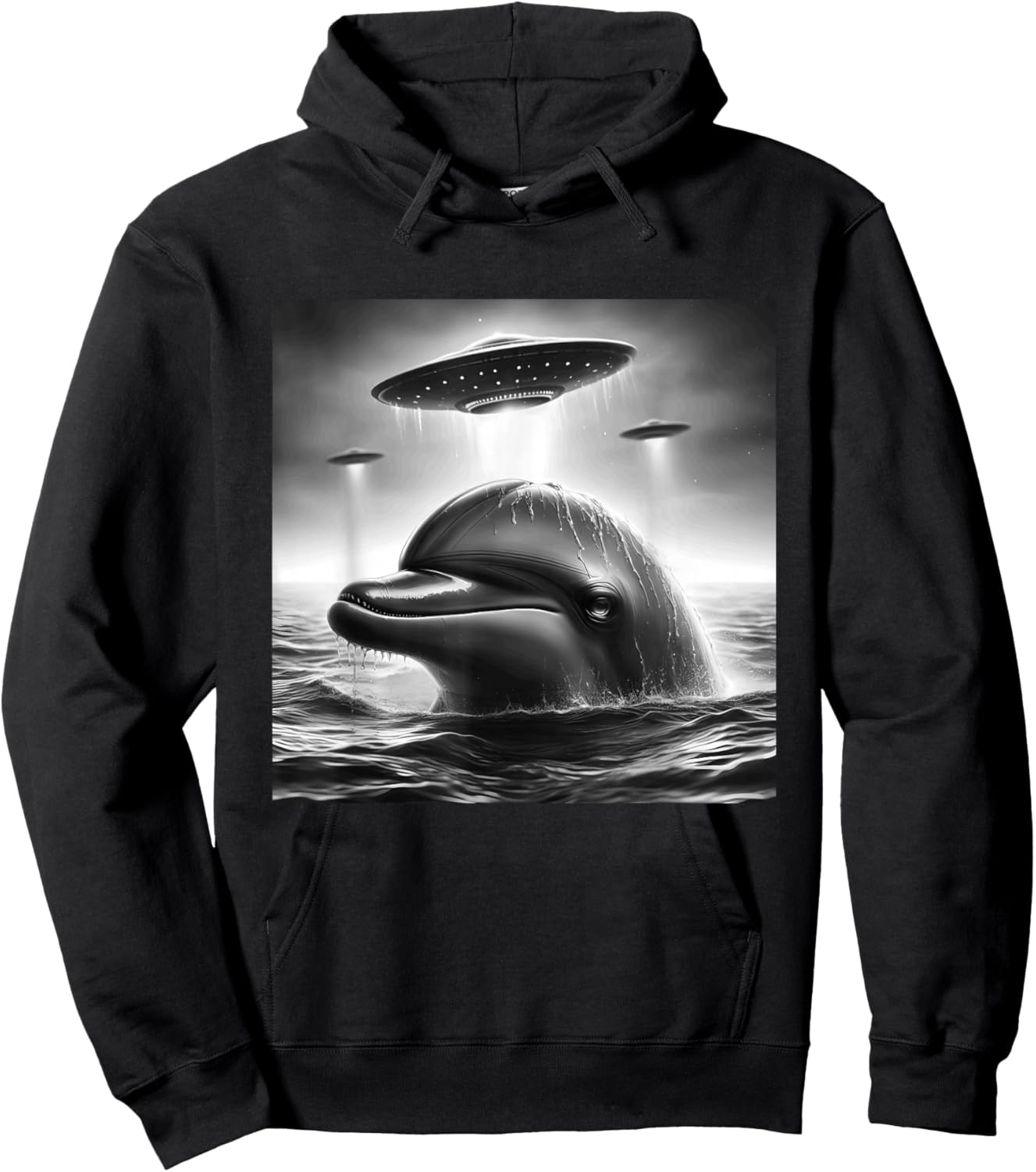 Dolphin Sea Funny Graphic Selfie with UFOs Weird Aliens Hoodie - Hoodie | Black