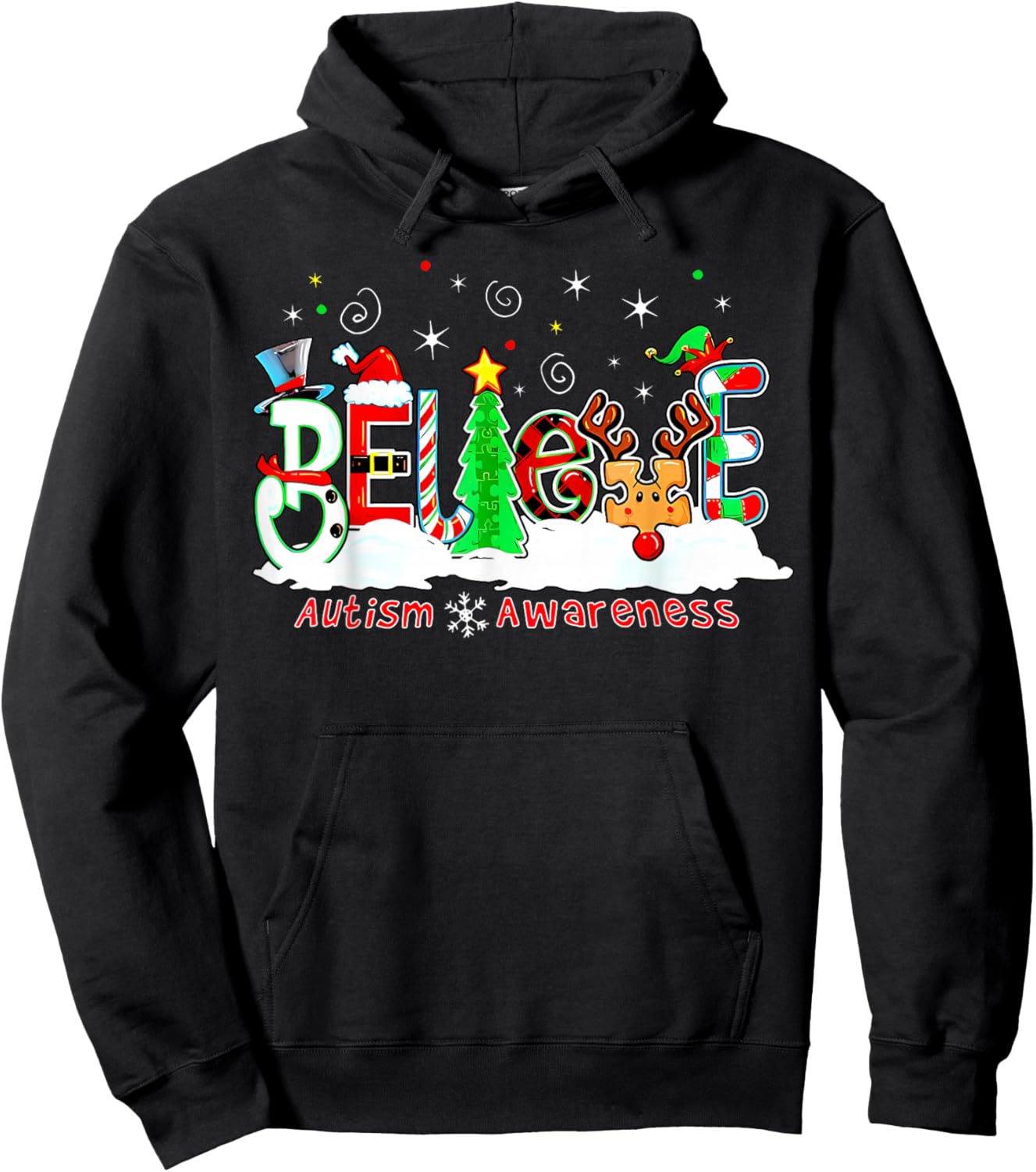 Believe Autism Awareness Christmas Tree Light Santa Reindeer Hoodie - Hoodie | Black
