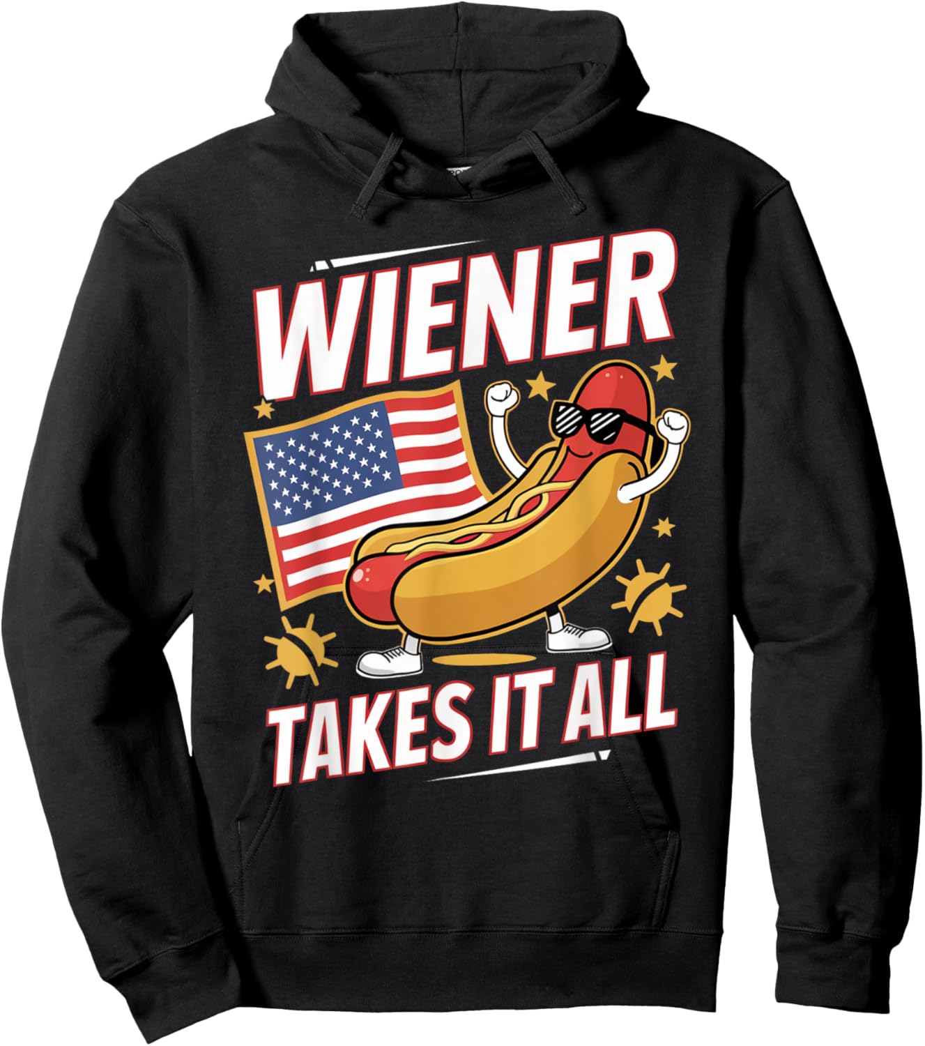 Wiener Takes It All Hot Dog USA Flag Fun Hoodie - Hoodie | Black