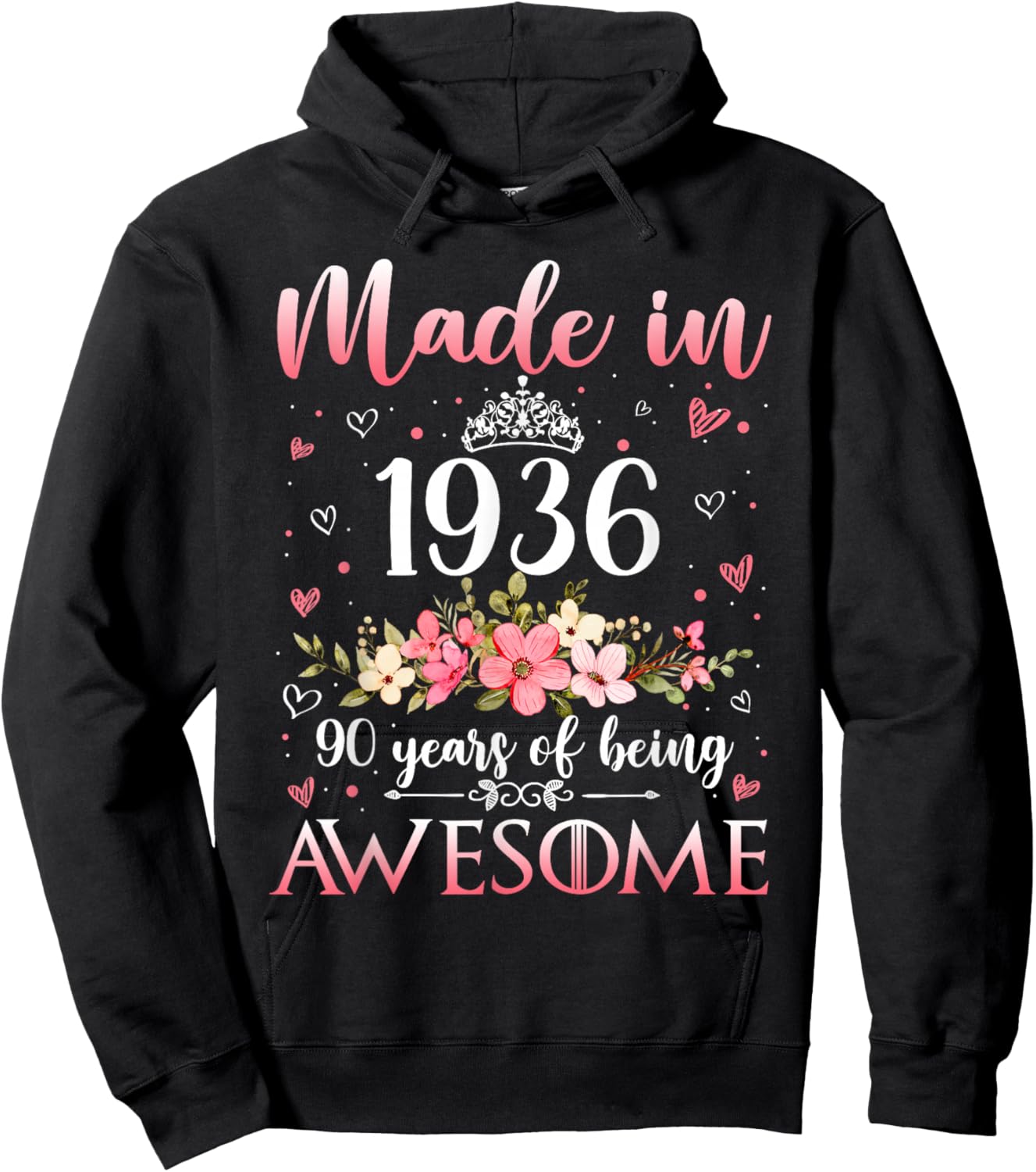 90 Year Old Made in 1936 Floral Funny 90th Birthday Women Hoodie - Hoodie | Black