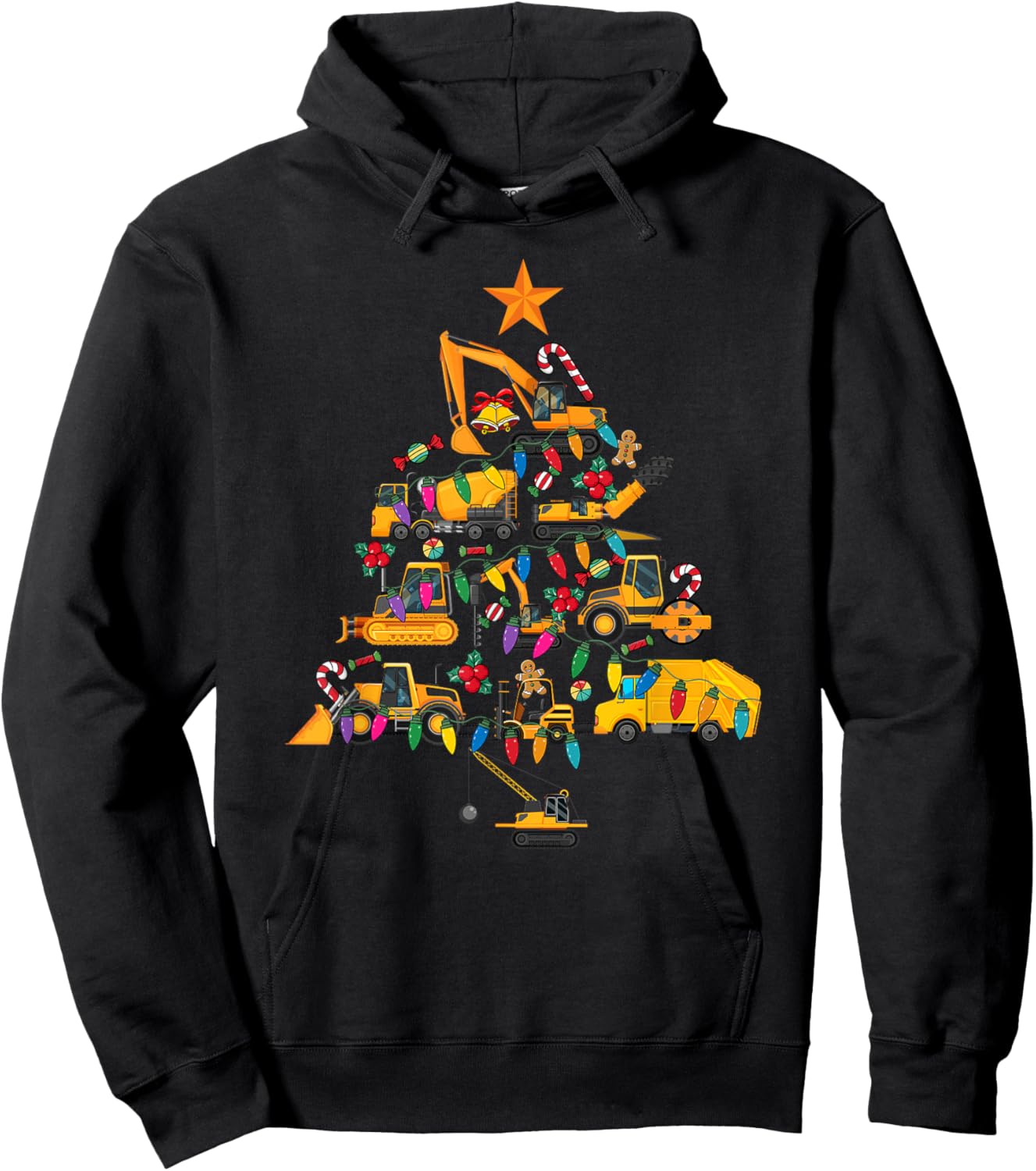 Construction Excavator Christmas Tree Xmas Men Kids Hoodie - Hoodie | Black