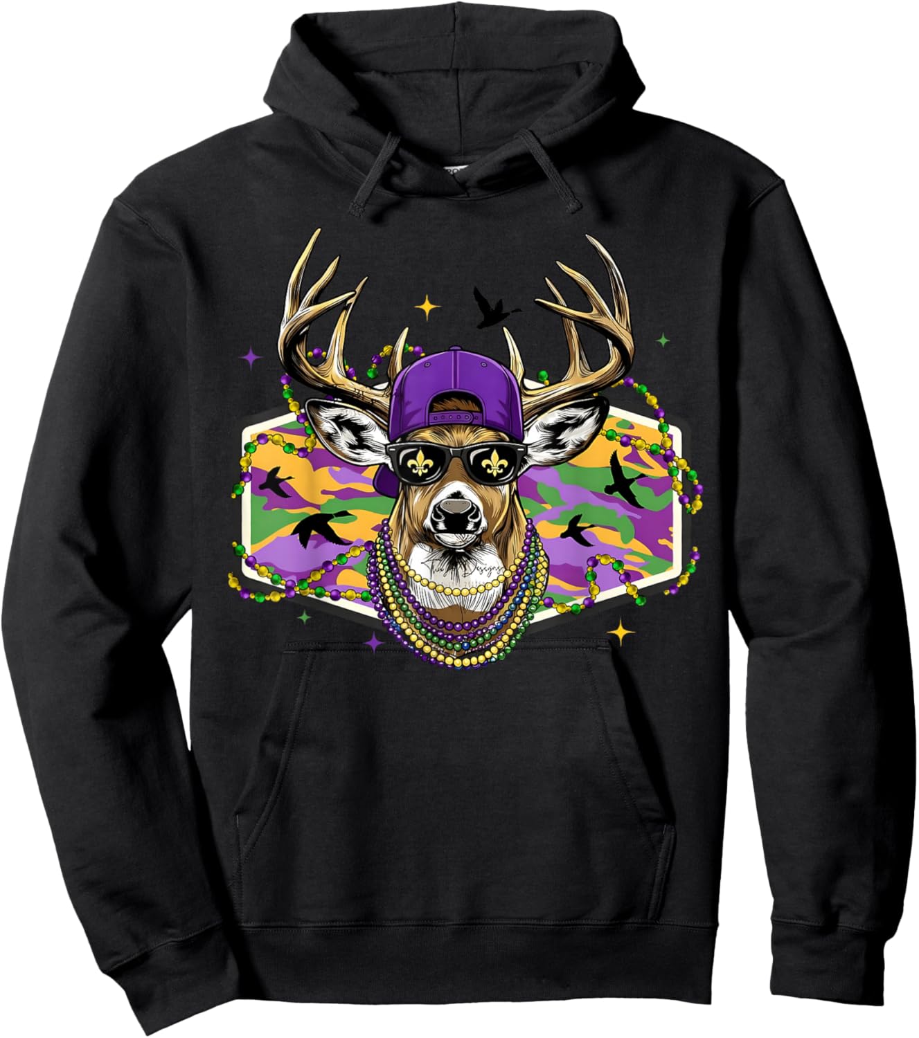 Funny Vintage Mardi Gras Deer Lover Hunting Men Women Hoodie - Hoodie | Black