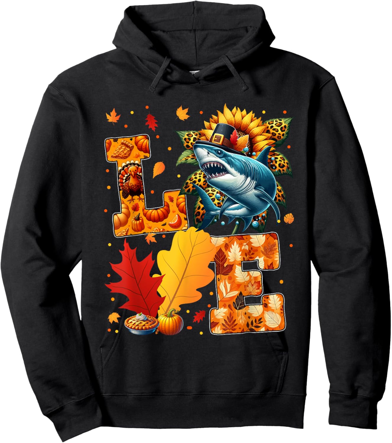 LOVE Thanksgiving Shark Fall Leaves Sunflower Sea Animals Hoodie - Hoodie | Black