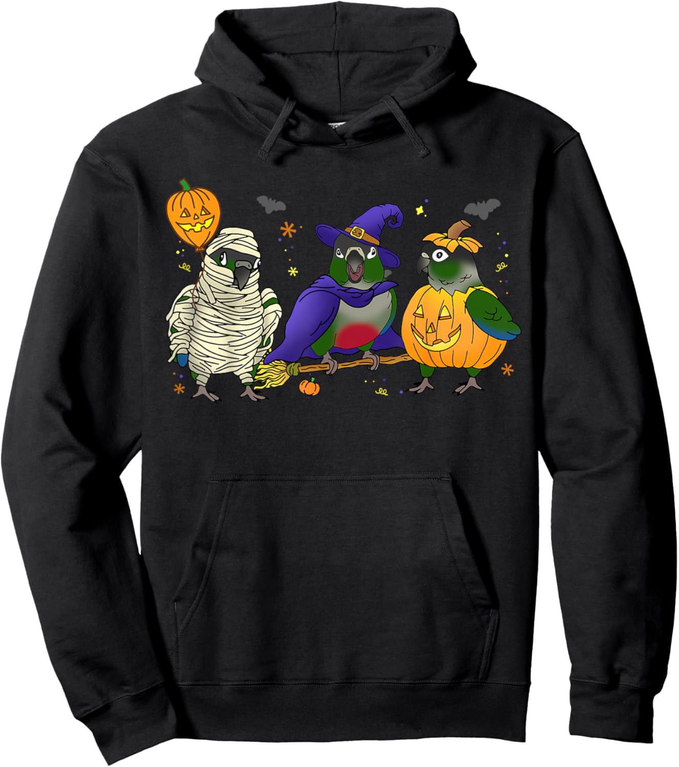 Halloween parrot Green Cheek Conure Pumpkin Mummy Witch Birb Hoodie - Hoodie | Black