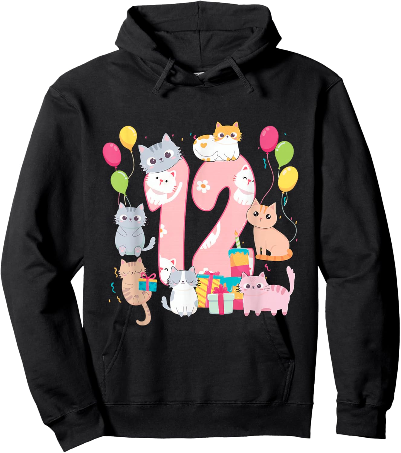 12 Years Old Cat Lover Birthday Party 12th Birthday Cat Them Hoodie - Hoodie | Black