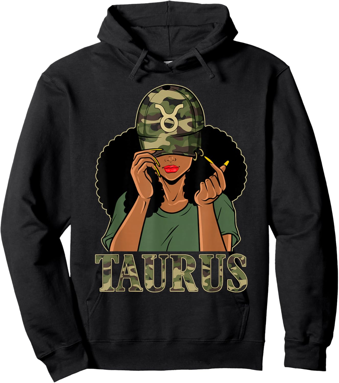 Taurus Girl Black Woman With Cap Camo Afro Woman Zodiac Hoodie - Hoodie | Black