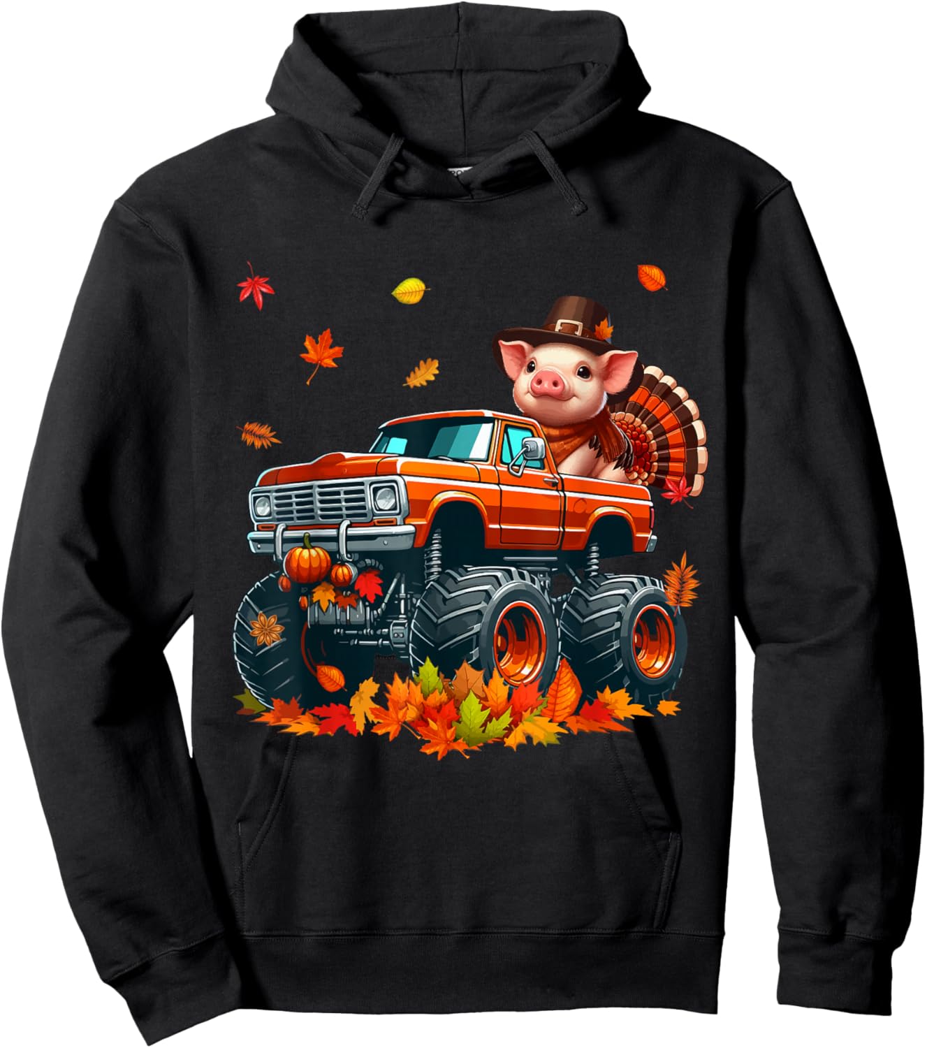 Pig Cosplay Turkey On Monster Truck Thanksgiving Farmer Hoodie - Hoodie | Black