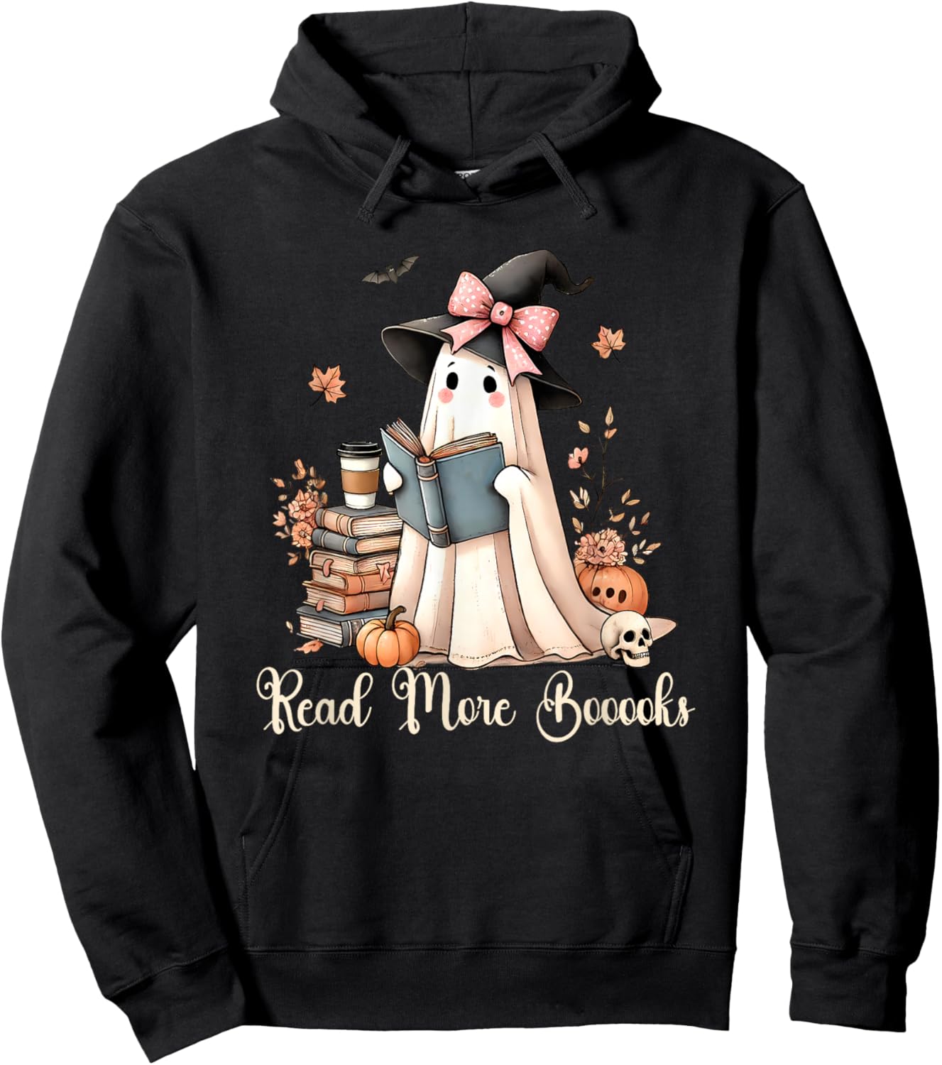 Ghost Reading Book Coquette Bow Halloween Girl Kid Teacher Hoodie - Hoodie | Black