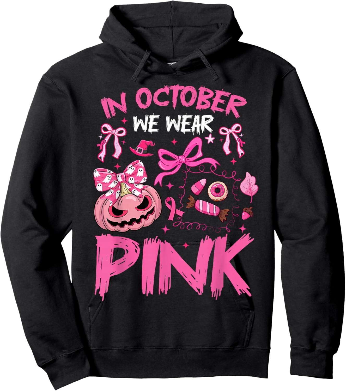 in October We Wear Pink Halloween Breast Cancer Awareness Hoodie - Hoodie | Black